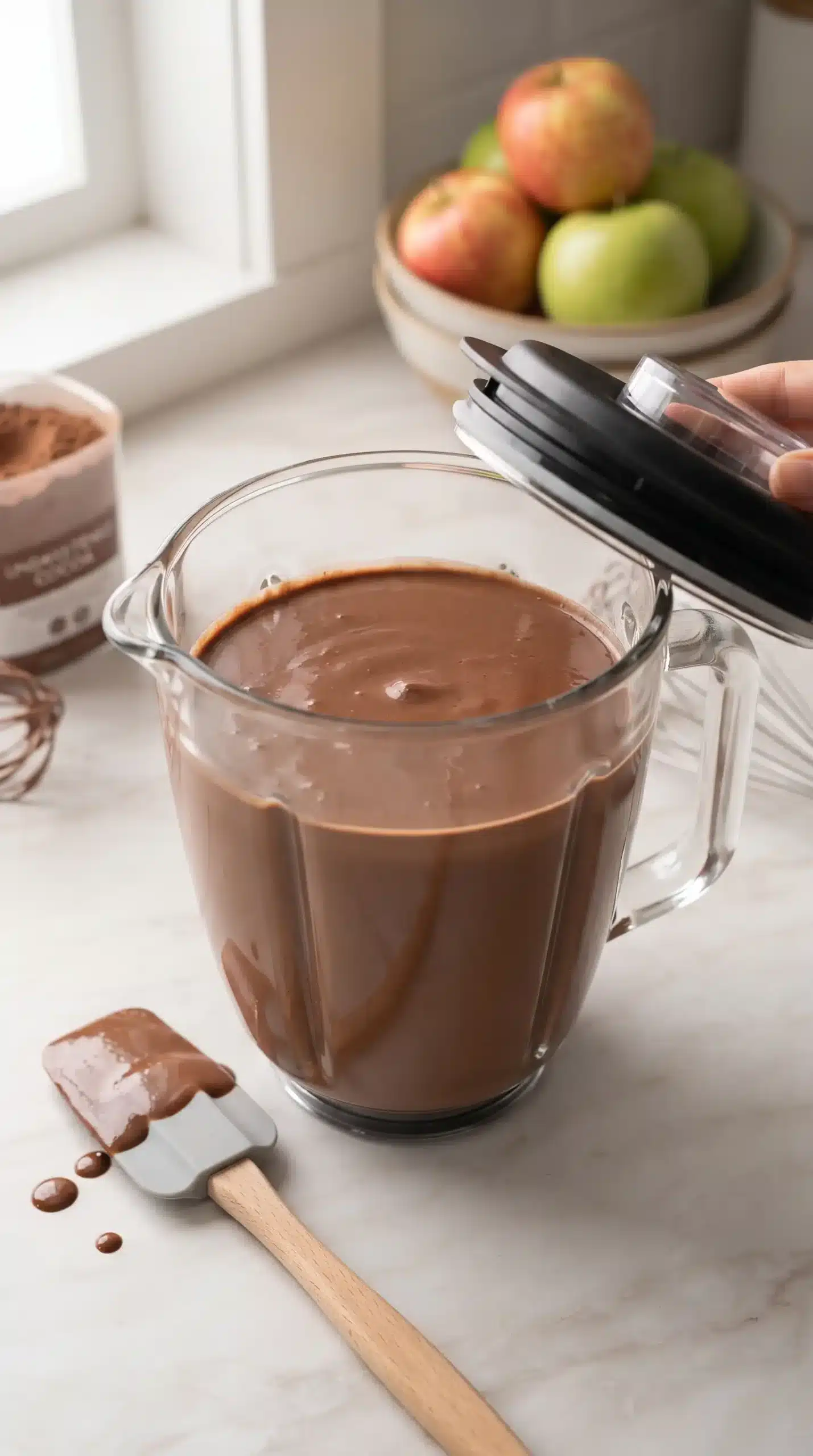 Smooth chocolate brownie batter blended with apples, eggs, and cocoa powder