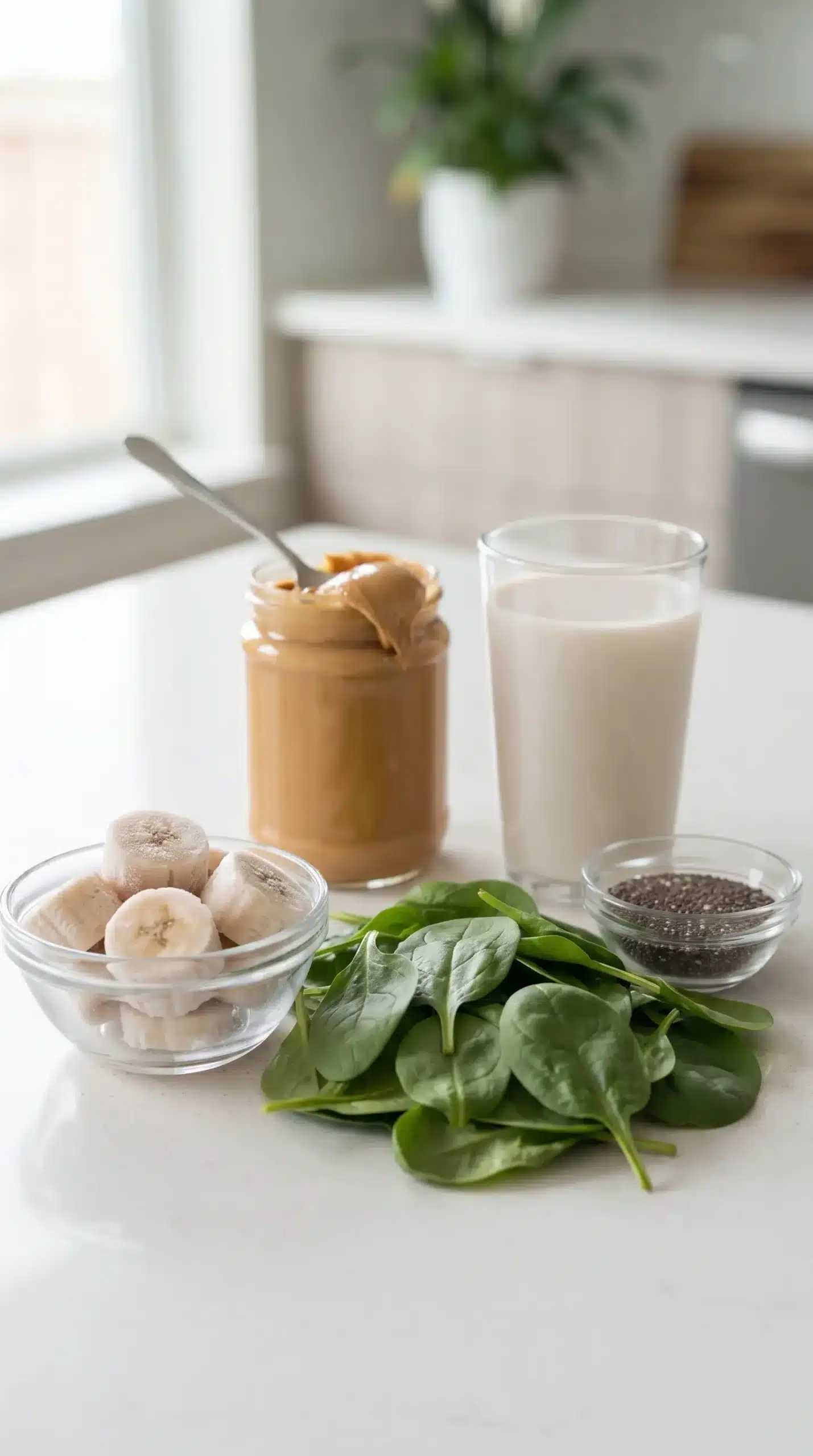 Frozen banana, spinach, chia seeds, peanut butter, and almond milk prepared for a smoothie