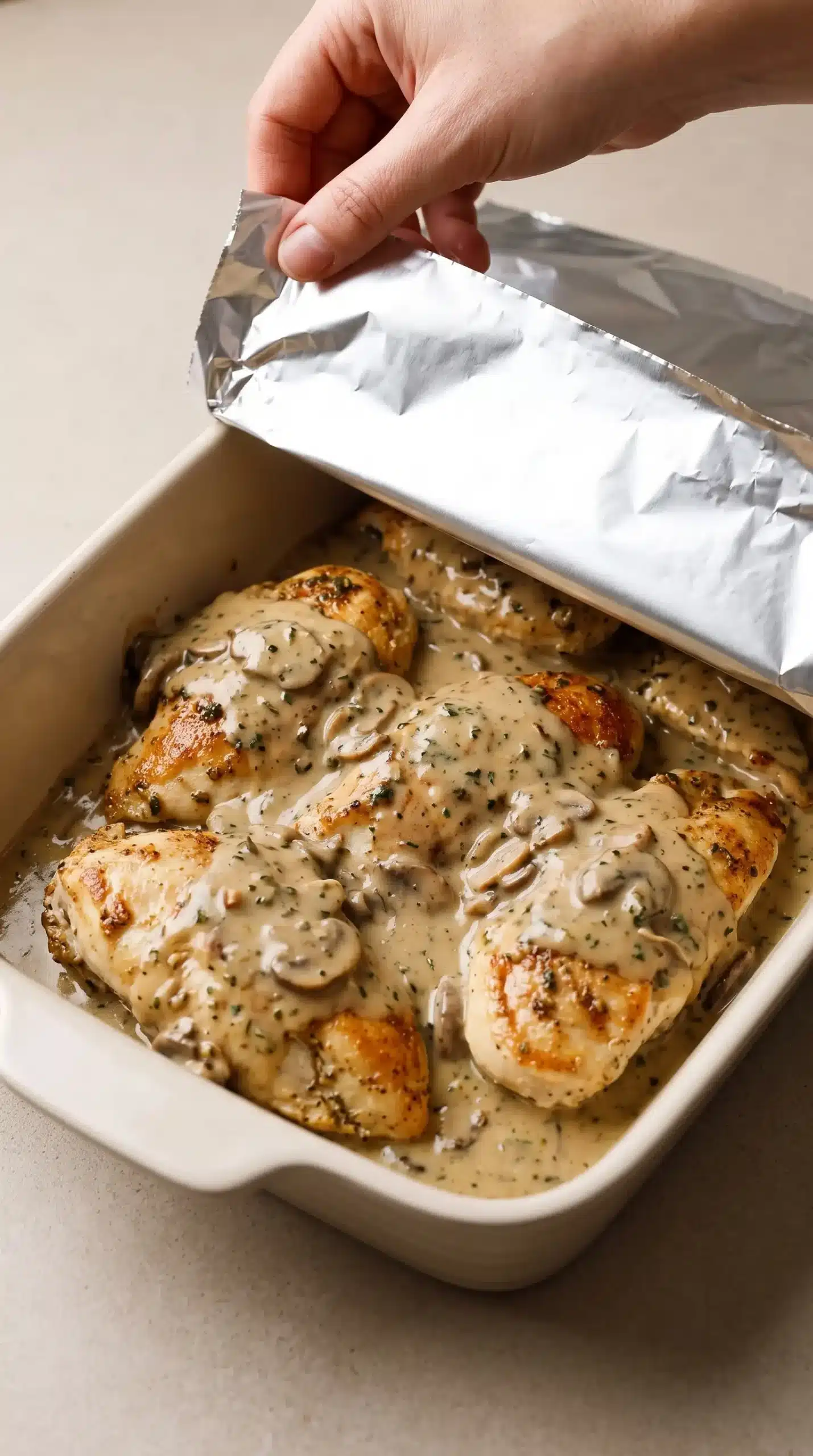 Chicken breasts covered with mushroom gravy in a baking dish before oven baking