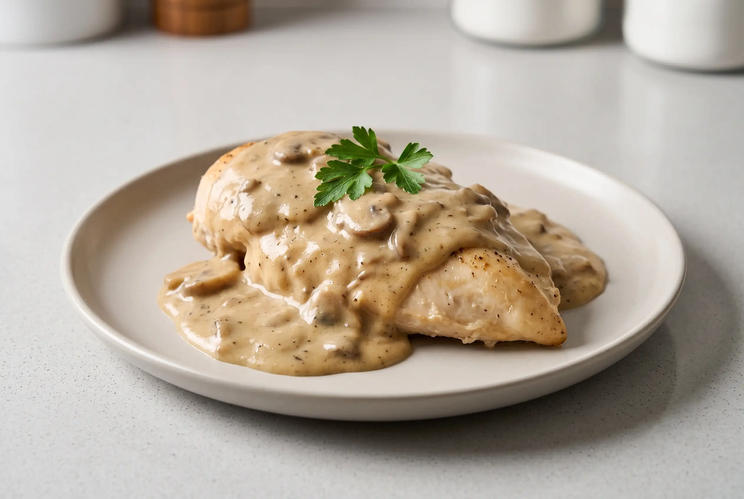 Smothered chicken breast covered with creamy mushroom gravy on a ceramic plate