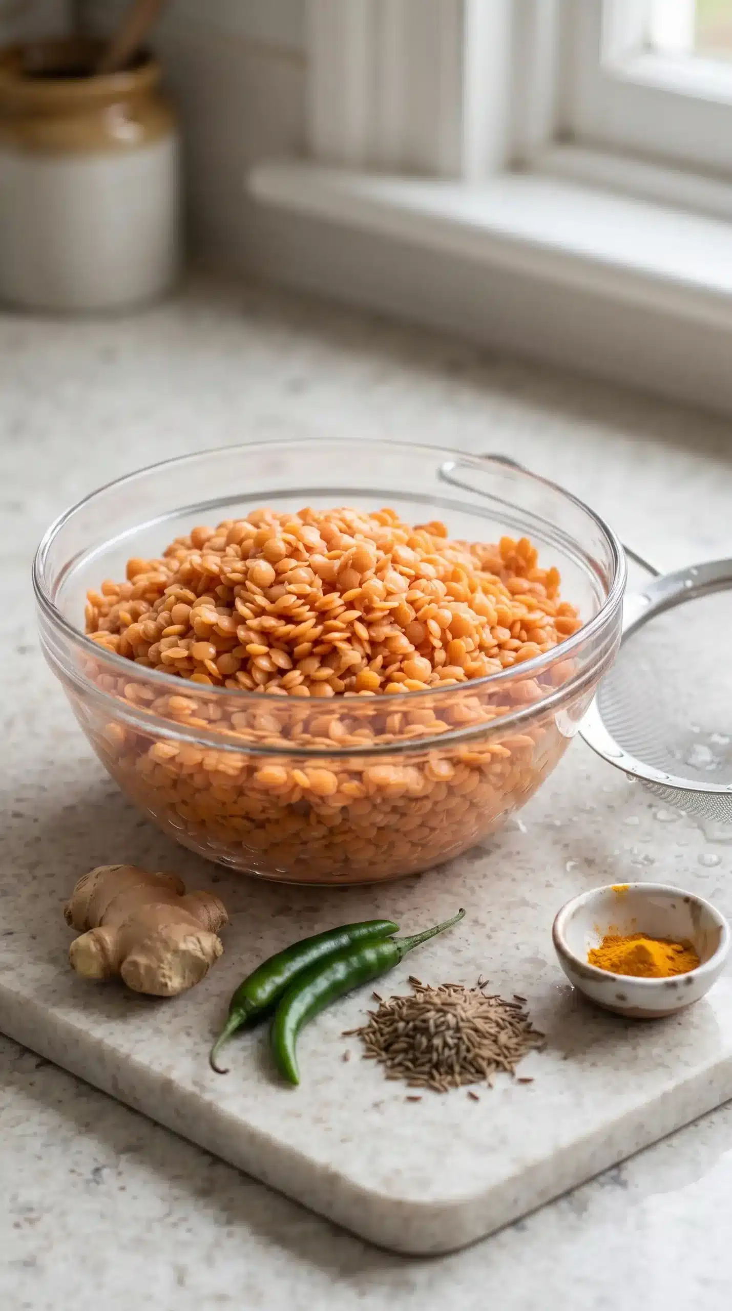 Soaked red lentils with ginger, green chilies, cumin, and turmeric for pancake batter