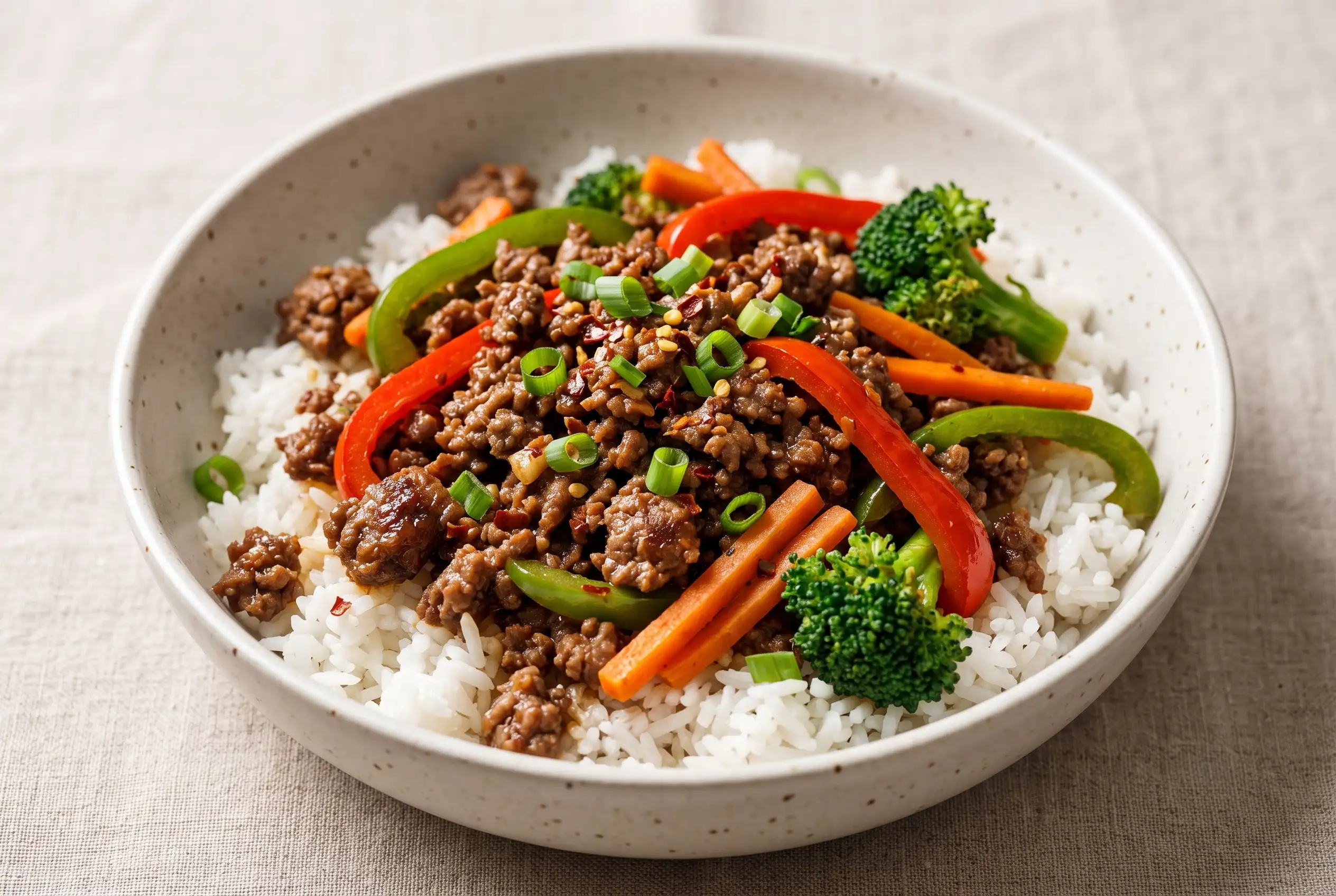 Ground beef stir fry bowl with rice, vegetables, and spicy garlic-soy sauce