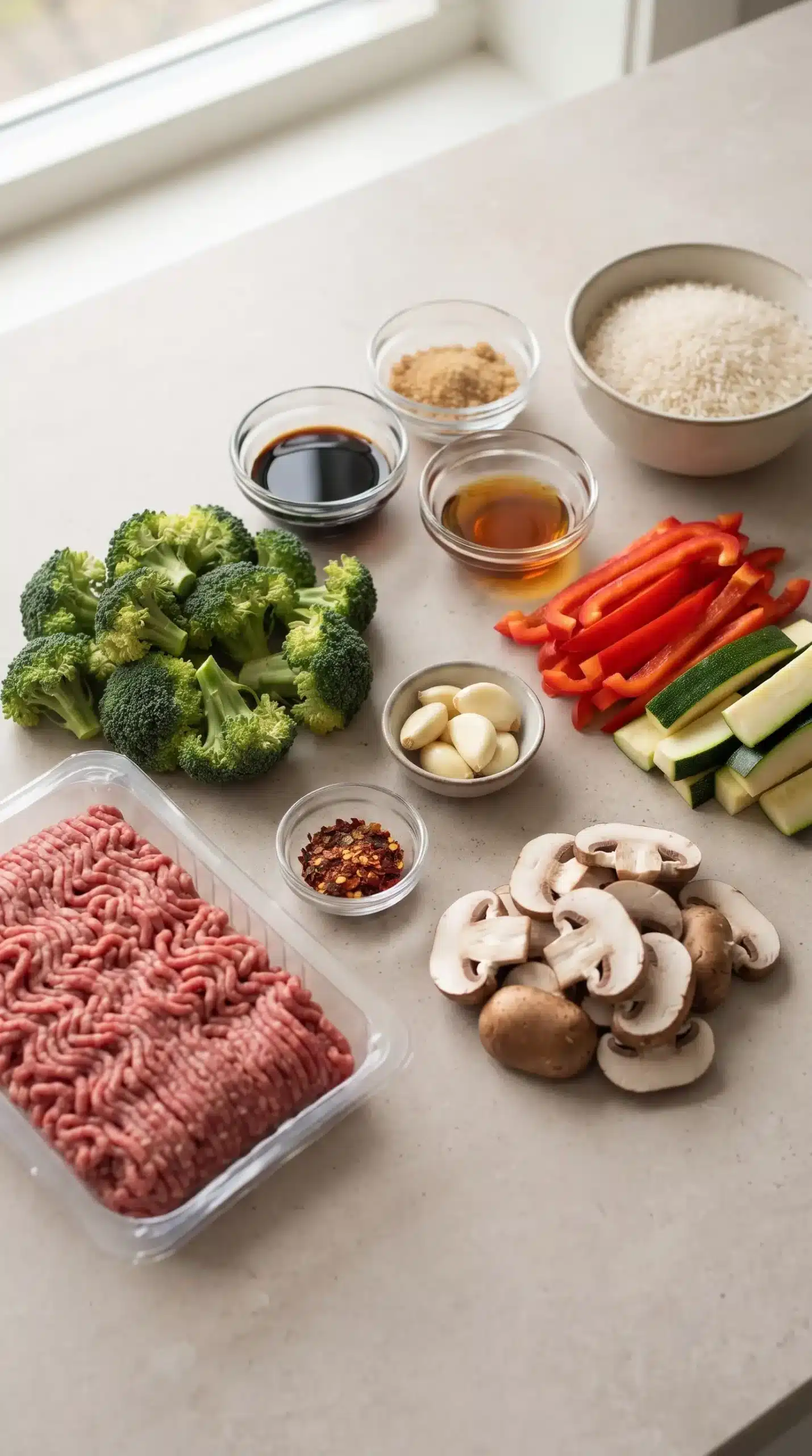 Ingredients for spicy ground beef stir fry with beef, vegetables, sauces, and uncooked rice