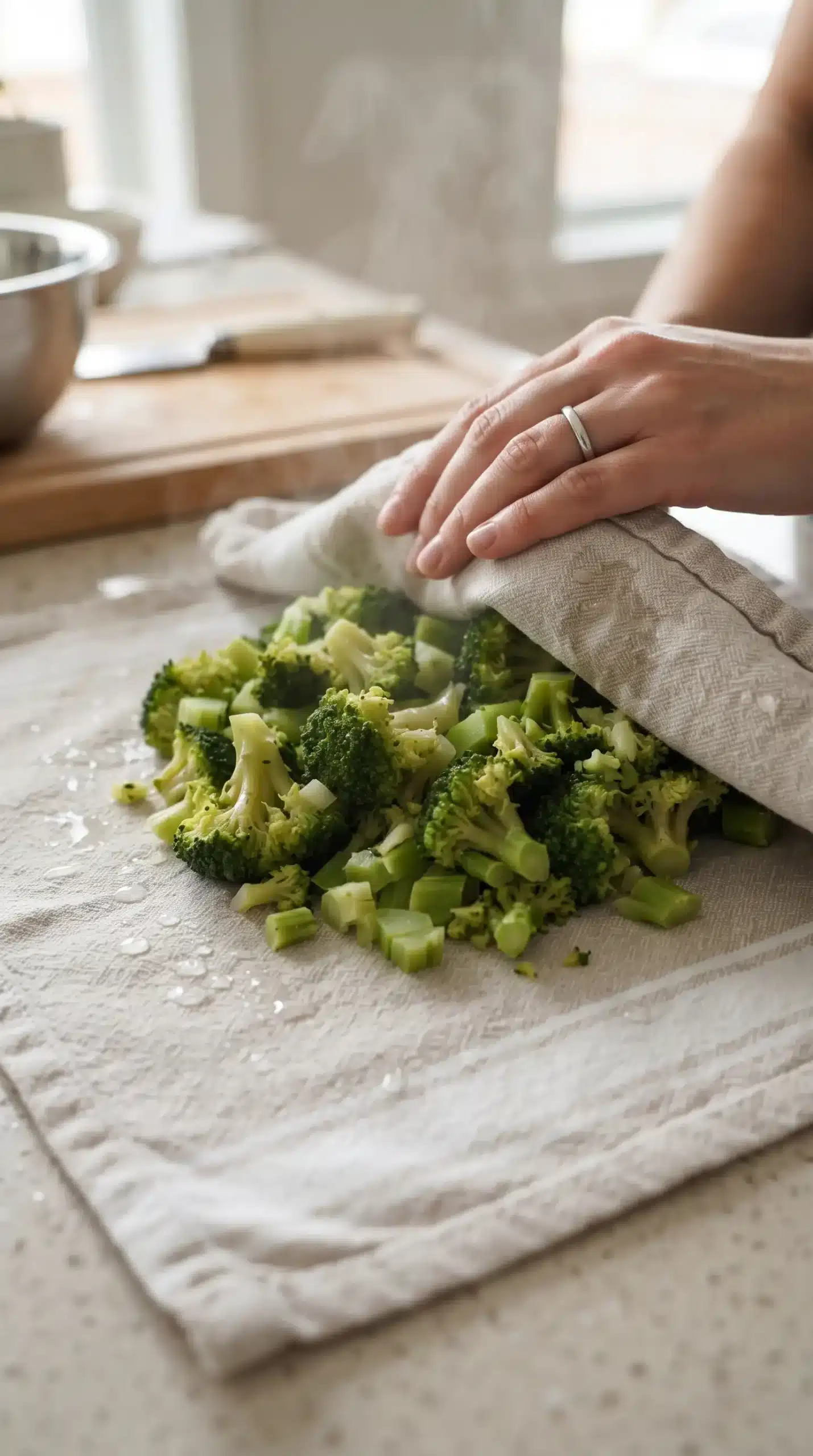 Steamed broccoli on a towel being pressed to remove moisture for broccoli tots