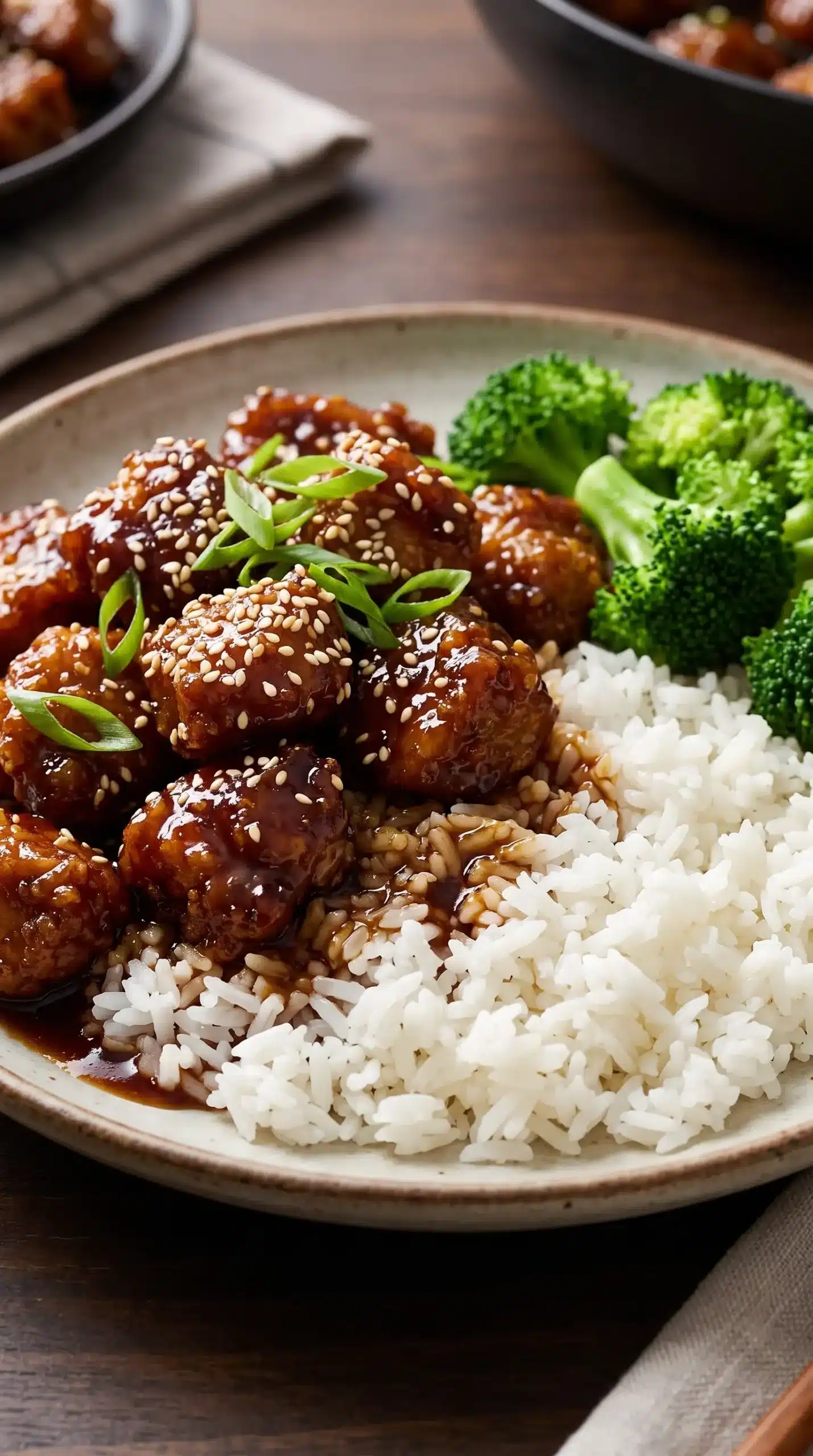 Sticky bourbon chicken with white rice and steamed broccoli on a plate