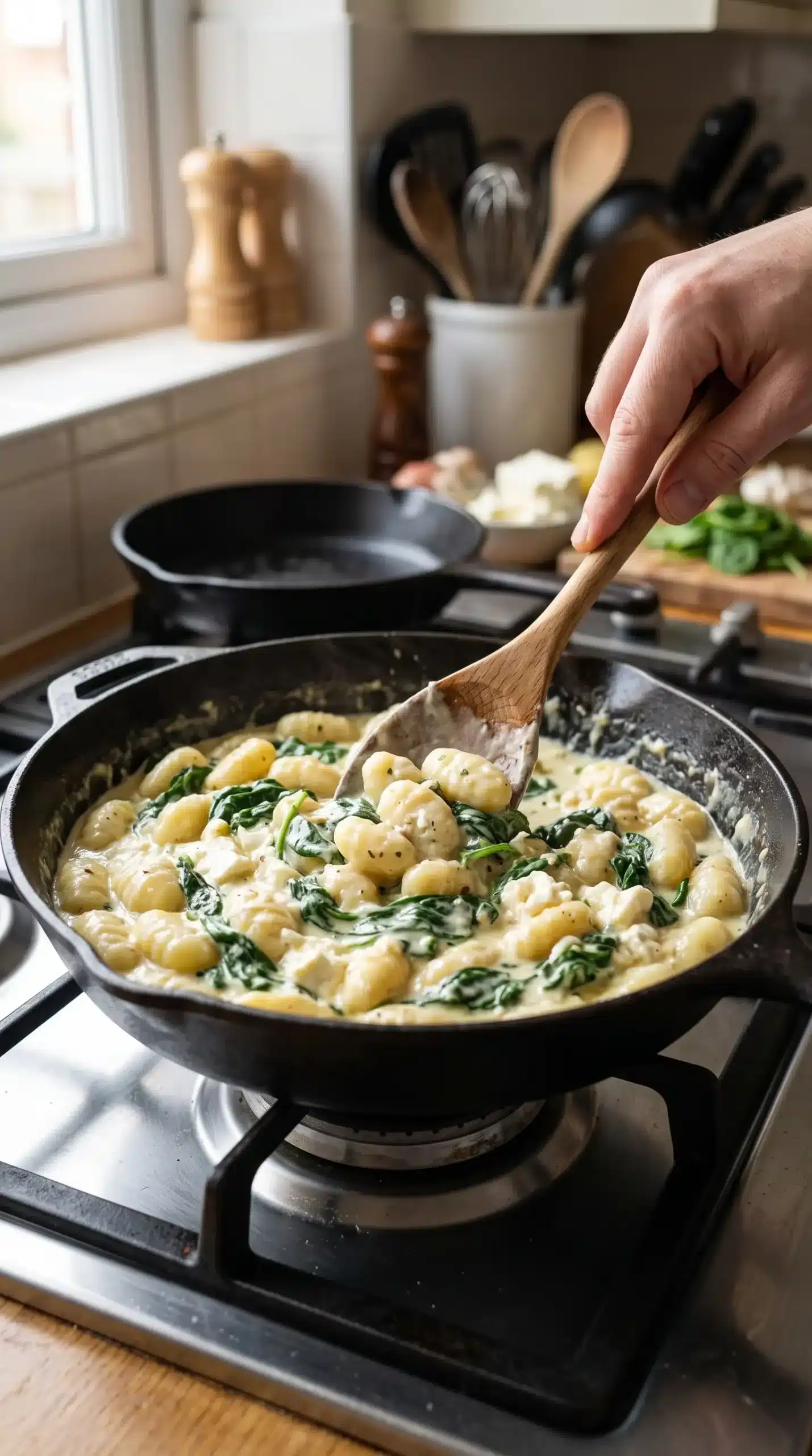 Skillet of creamy gnocchi being stirred with spinach, feta, and smooth sauce