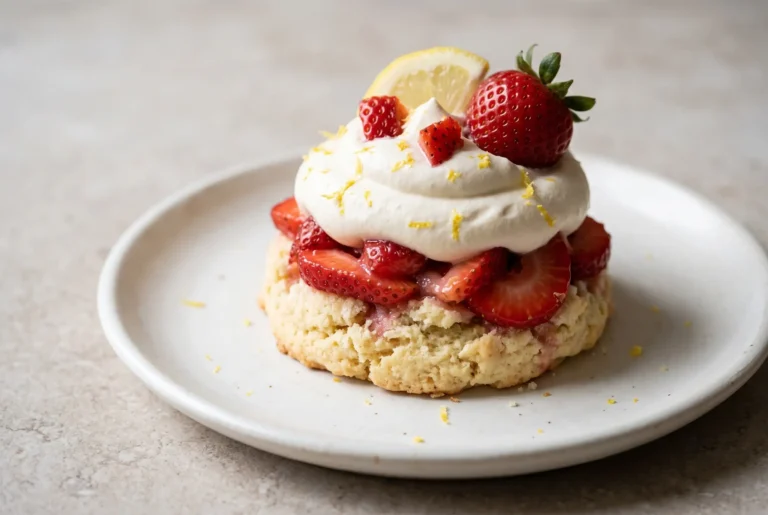 Strawberry lemon shortcake with fresh strawberries, whipped topping, and lemon zest on a plate