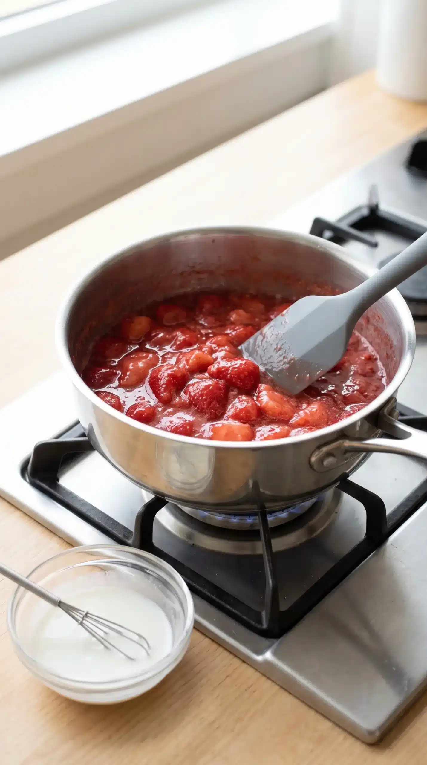 Strawberries simmering in a saucepan with a cornstarch slurry for homemade sauce