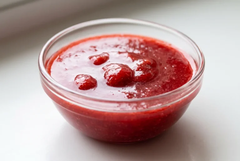 Homemade strawberry sauce in a glass bowl with a glossy red fruit texture