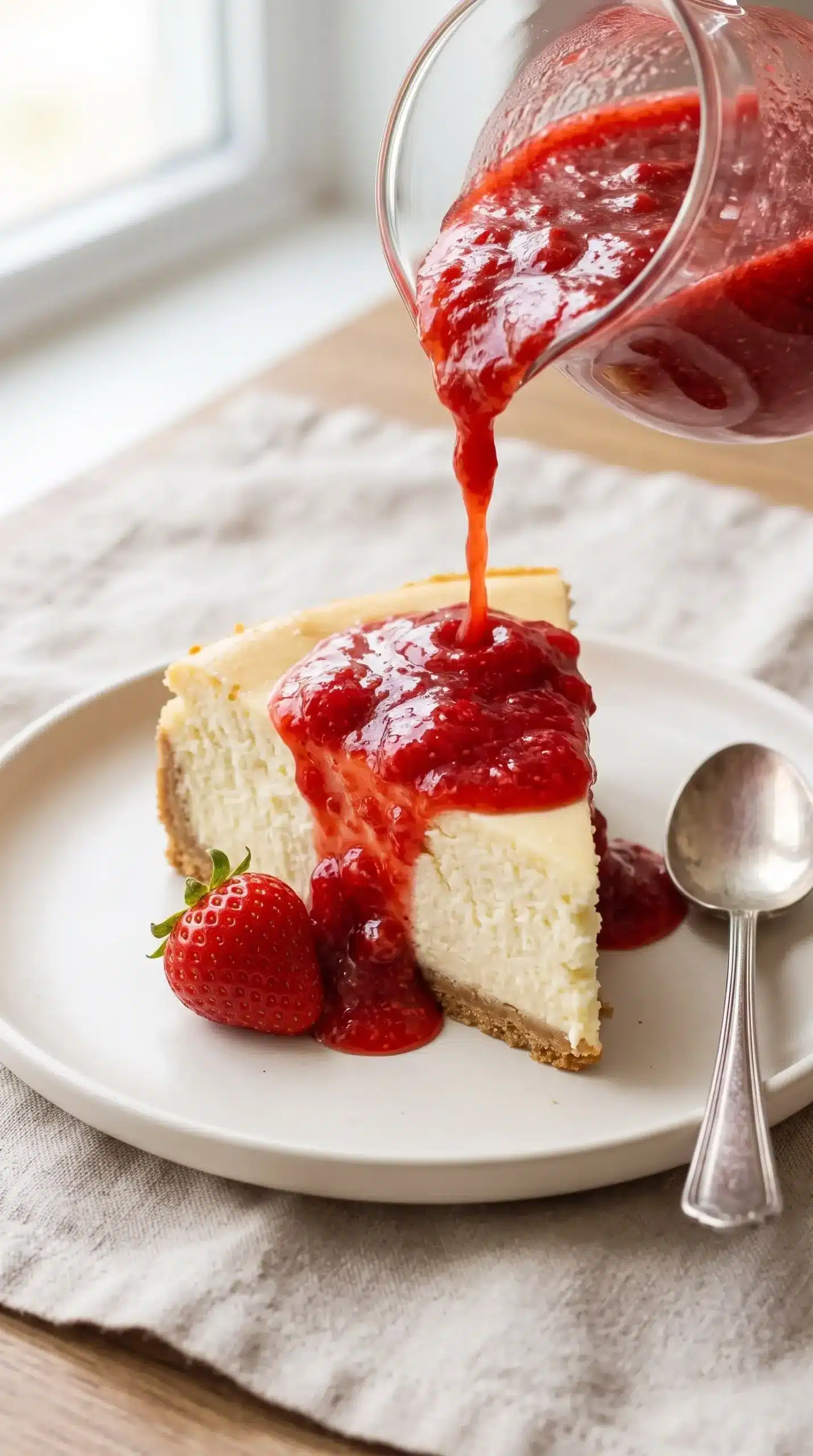 Homemade strawberry sauce poured over a slice of cheesecake