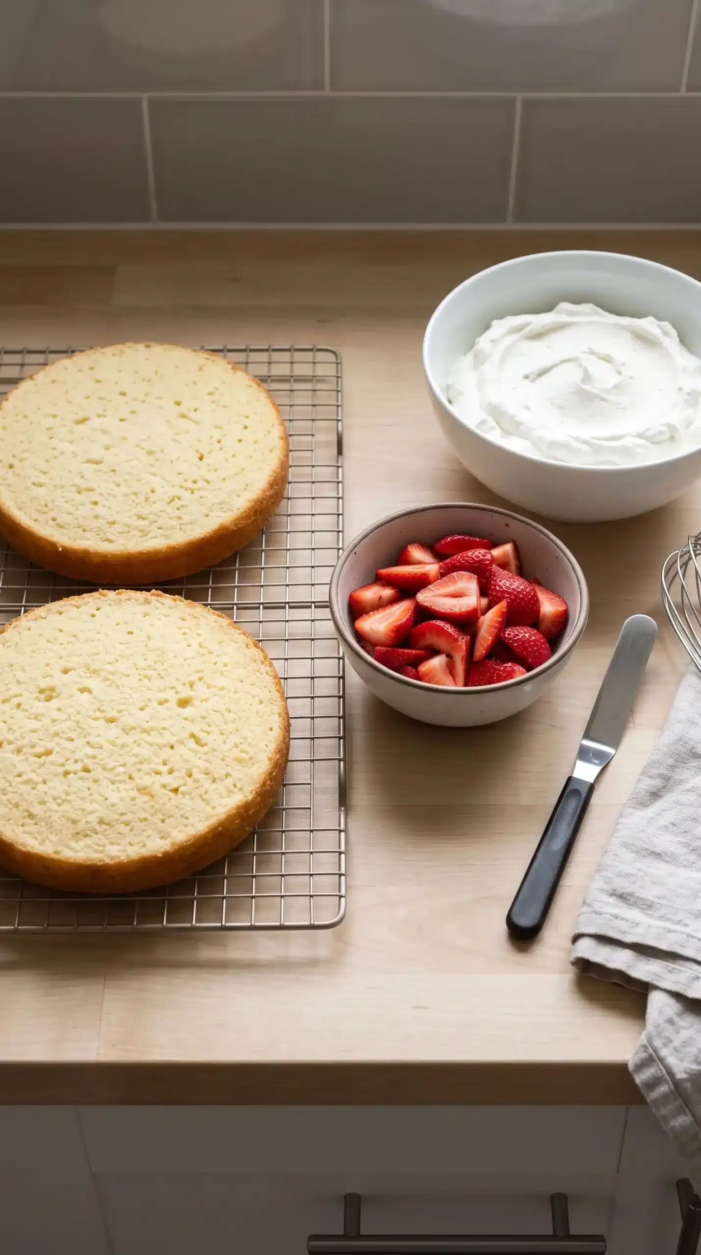 Cooled vanilla cake layers with strawberries and whipped cream ready for assembly