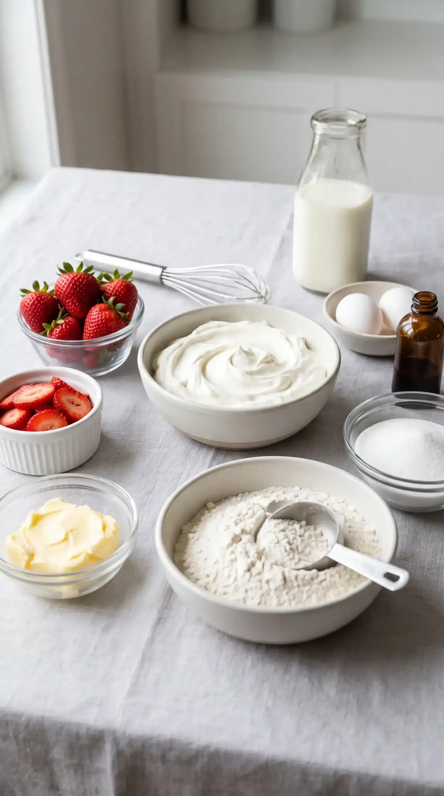 Fresh strawberries, whipped cream, and baking ingredients for strawberry shortcake cake