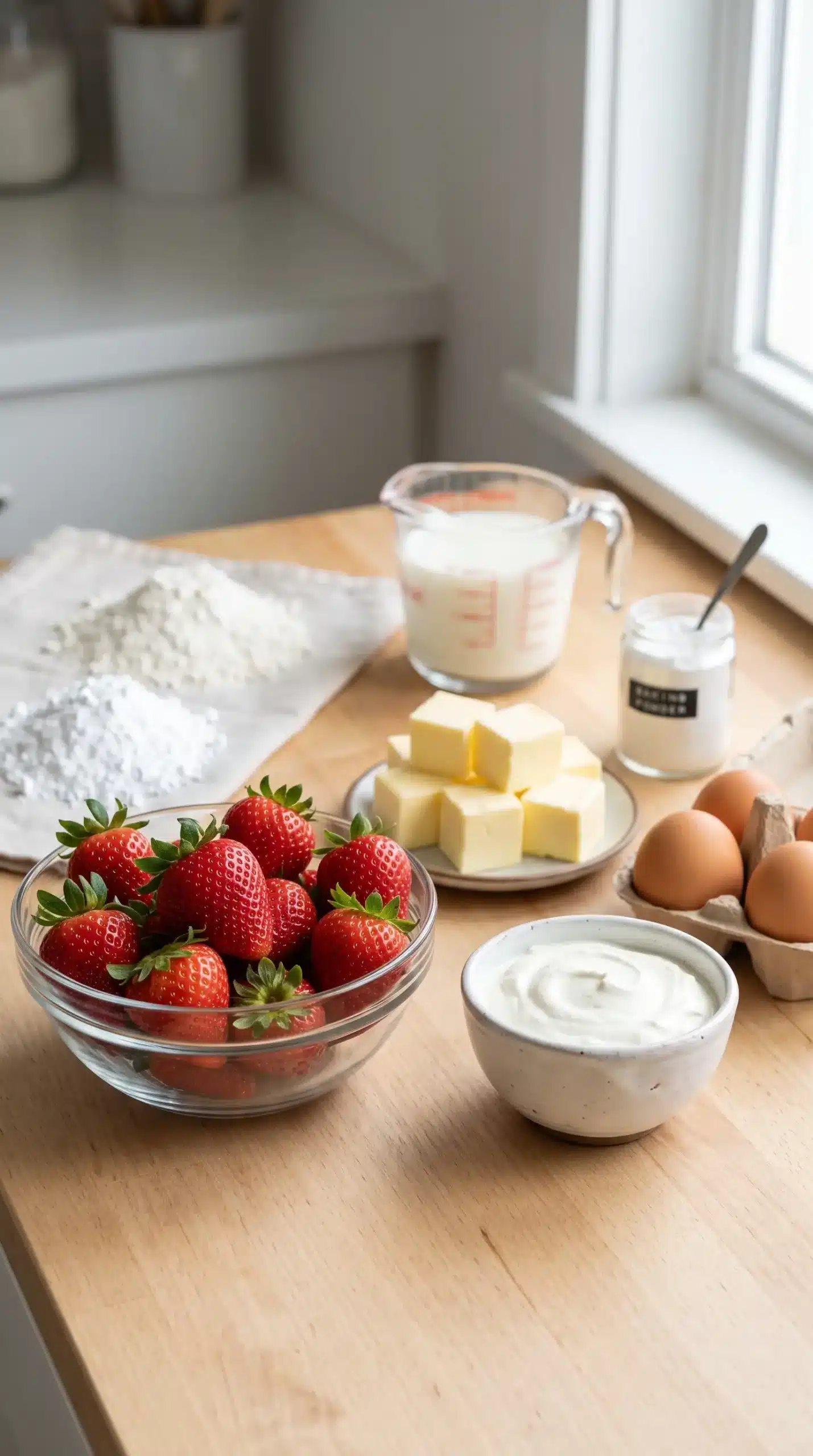 Ingredients for strawberry shortcake cake including strawberries, cream, butter, eggs, flour, and milk