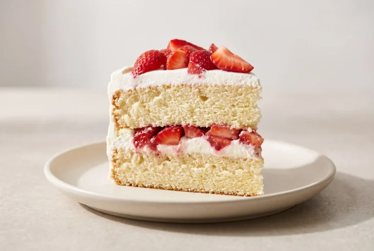 Strawberry shortcake cake slice with fresh strawberries and whipped cream layers