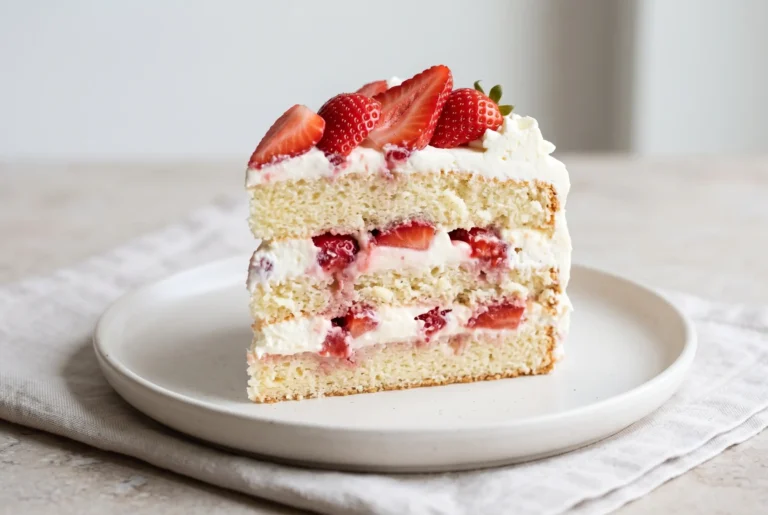 Slice of strawberry shortcake cake with whipped cream filling and fresh strawberries between vanilla cake layers