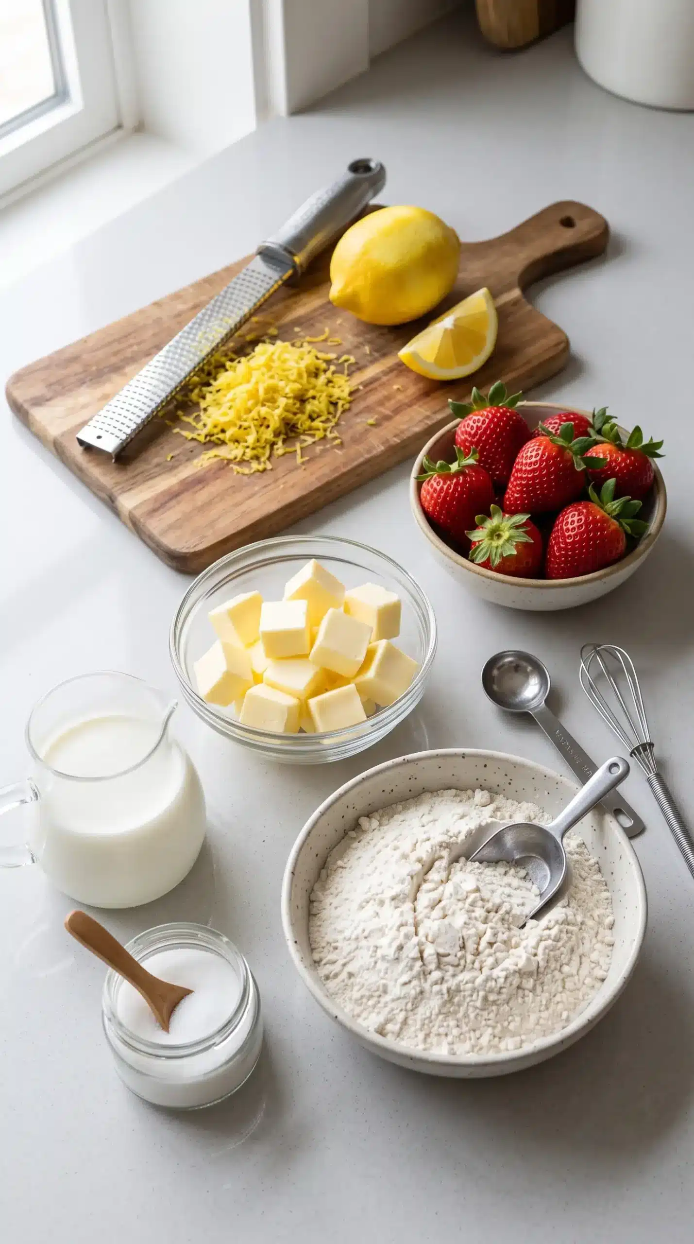 Fresh strawberries, lemons, butter, flour, milk, and baking ingredients for shortcake
