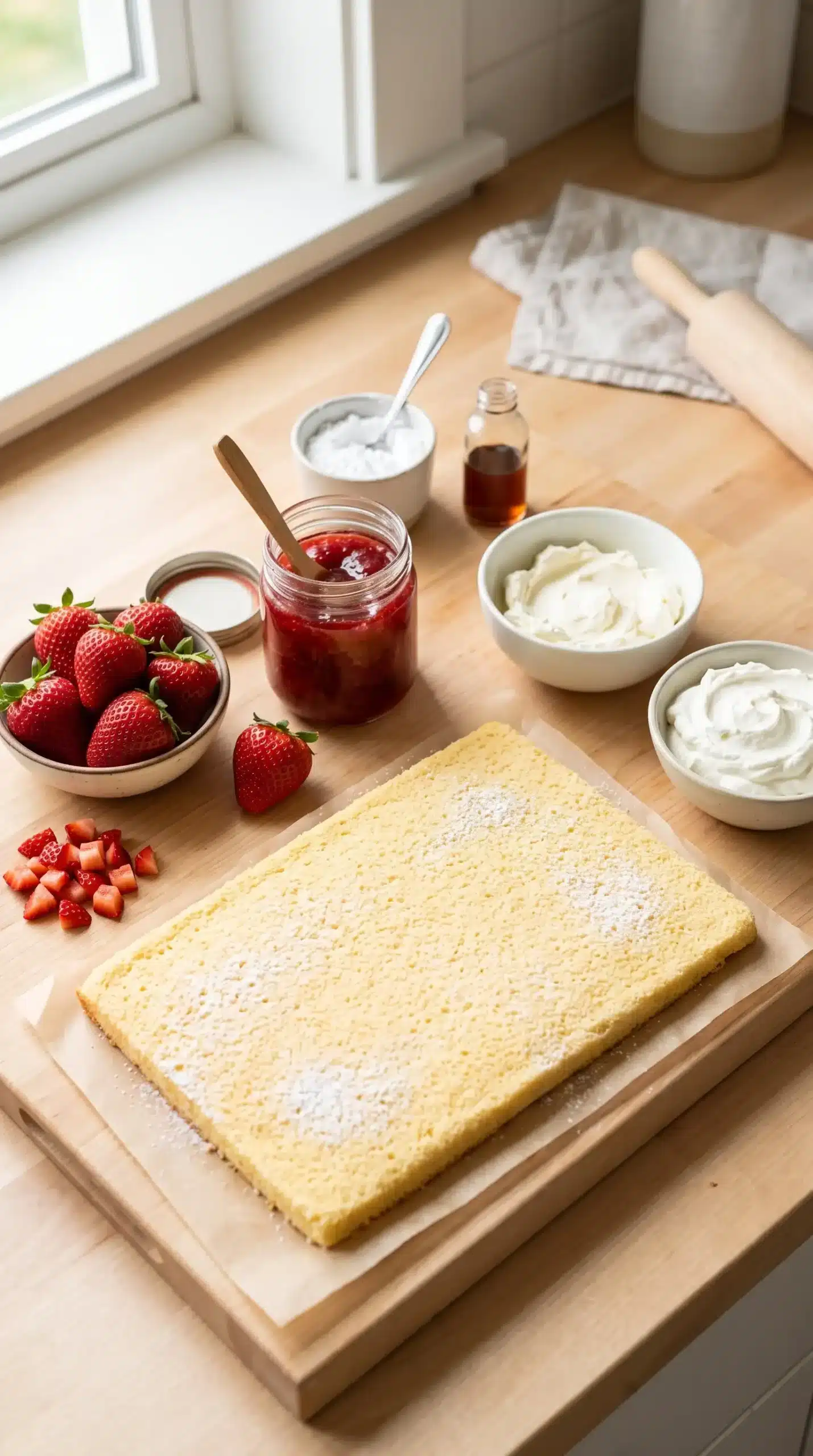 Ingredients for strawberry shortcake sushi roll with sponge cake, strawberries, preserves, cream cheese, and whipped cream