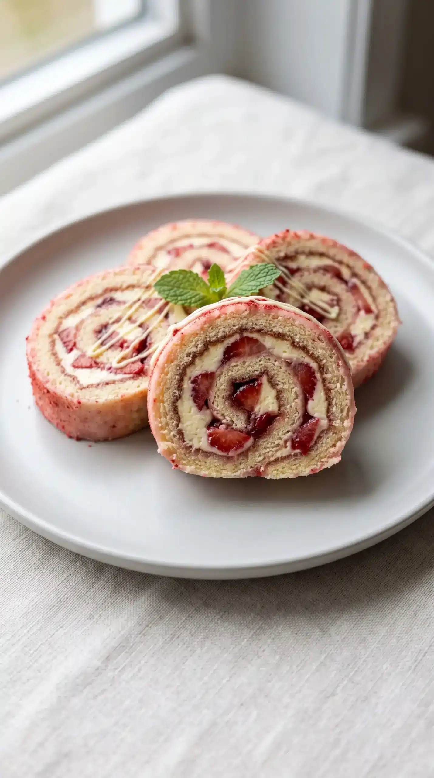 Sliced strawberry shortcake sushi roll with spiral layers of cake, cream, preserves, and fresh berries