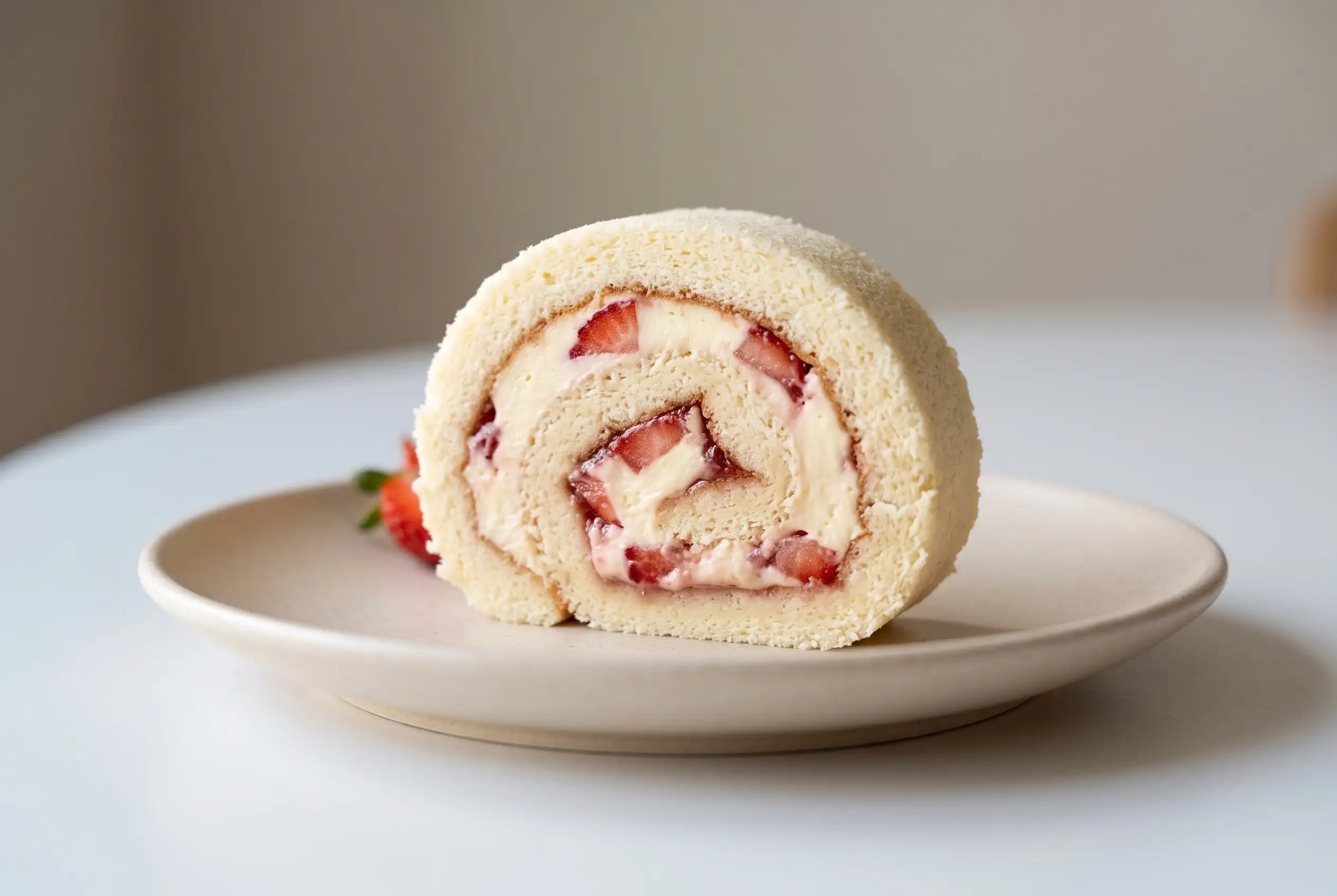 Strawberry shortcake sushi roll slice with sponge cake, cream filling, strawberry preserves, and berry pieces