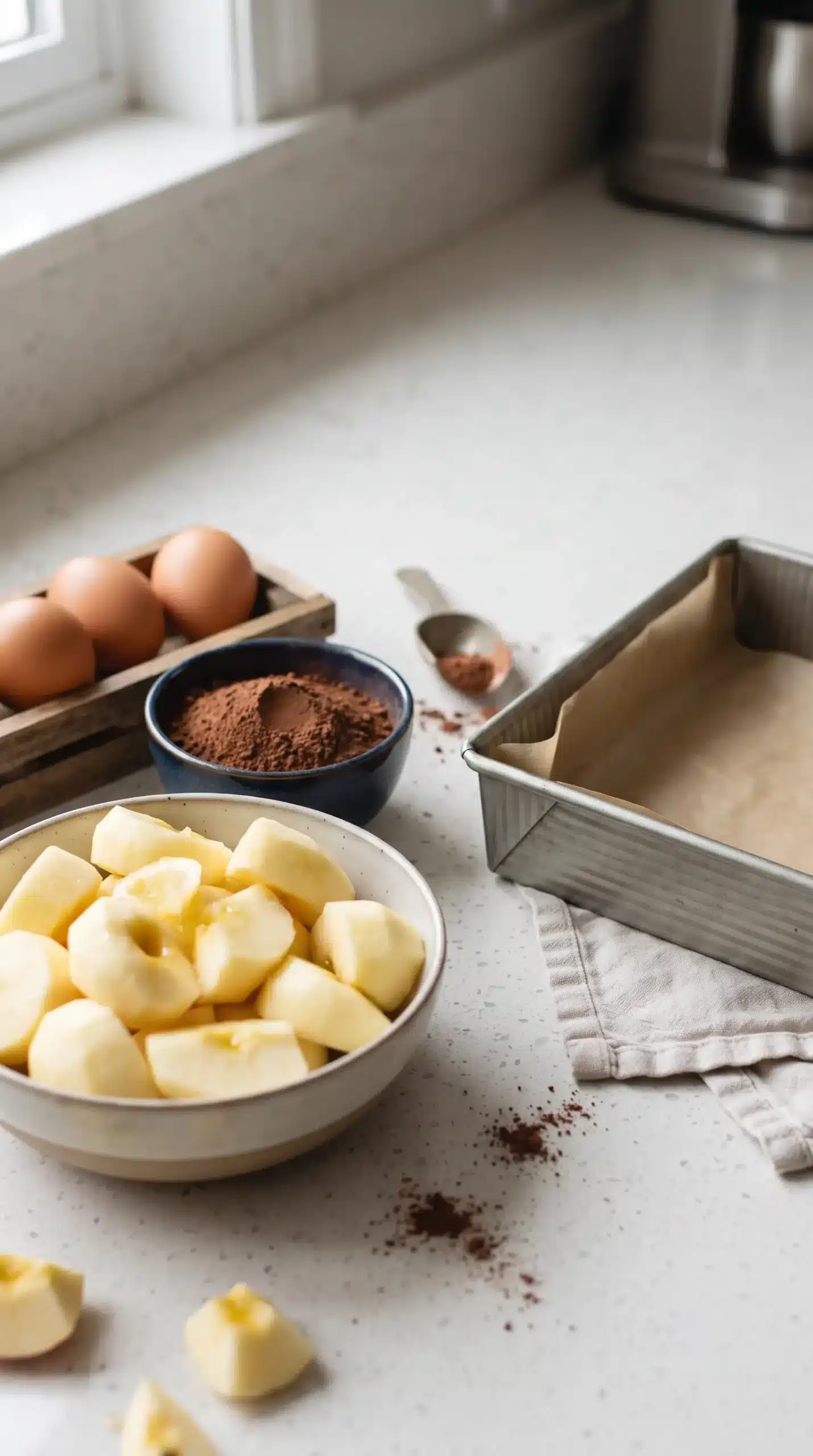 Apples, cocoa powder, eggs, and baking pan prepared for sugar free brownies