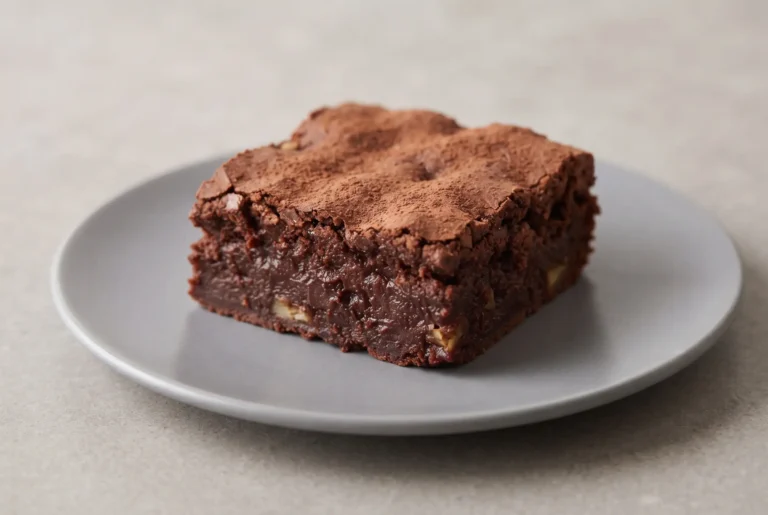 Single sugar free brownie square with apples and fudgy chocolate texture on a ceramic plate