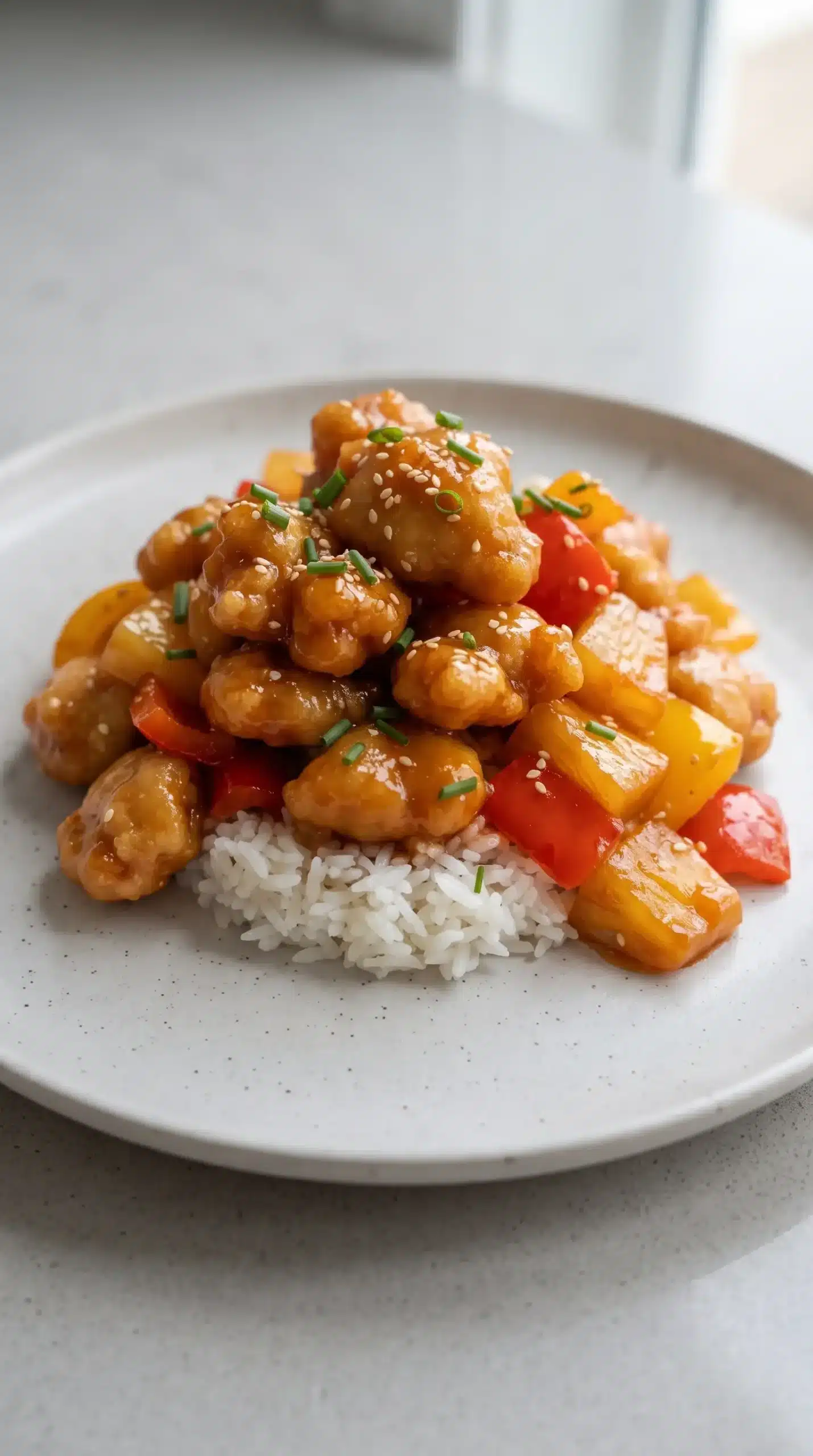 Finished Sweet and Sour Chicken with Pineapple served with rice and colorful peppers