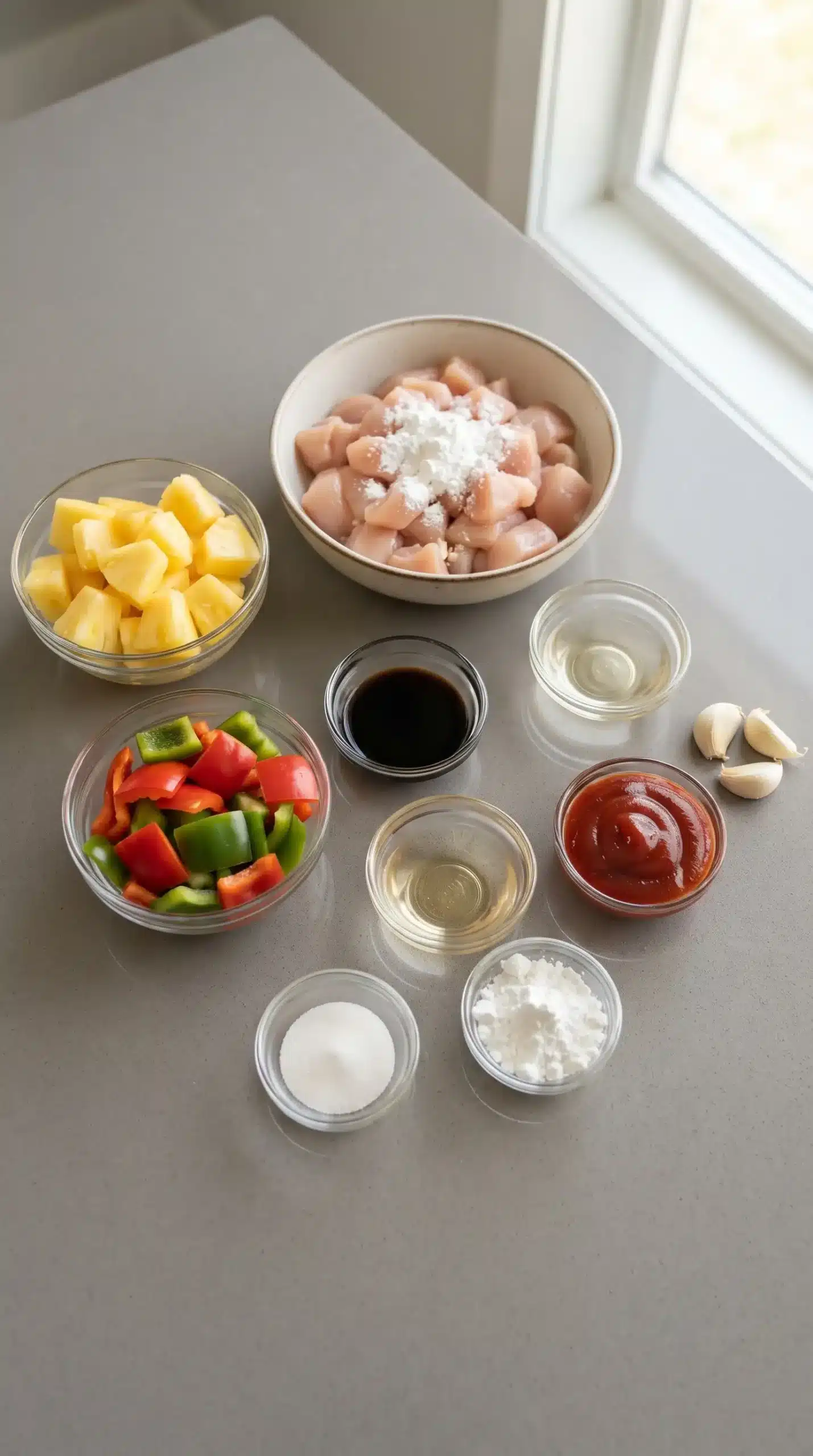 Ingredients for Sweet and Sour Chicken with Pineapple including chicken, pineapple, peppers, and sauce components