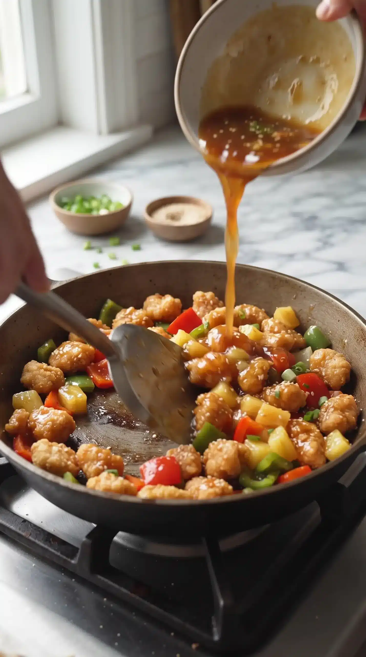 Chicken and bell peppers cooking in a skillet with sweet and sour sauce being added
