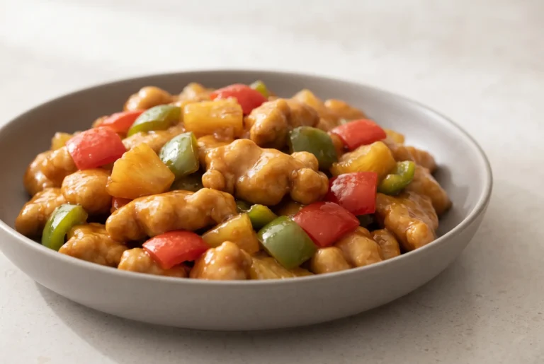 Sweet and Sour Chicken with Pineapple skillet dinner with glazed chicken, pineapple, and bell peppers