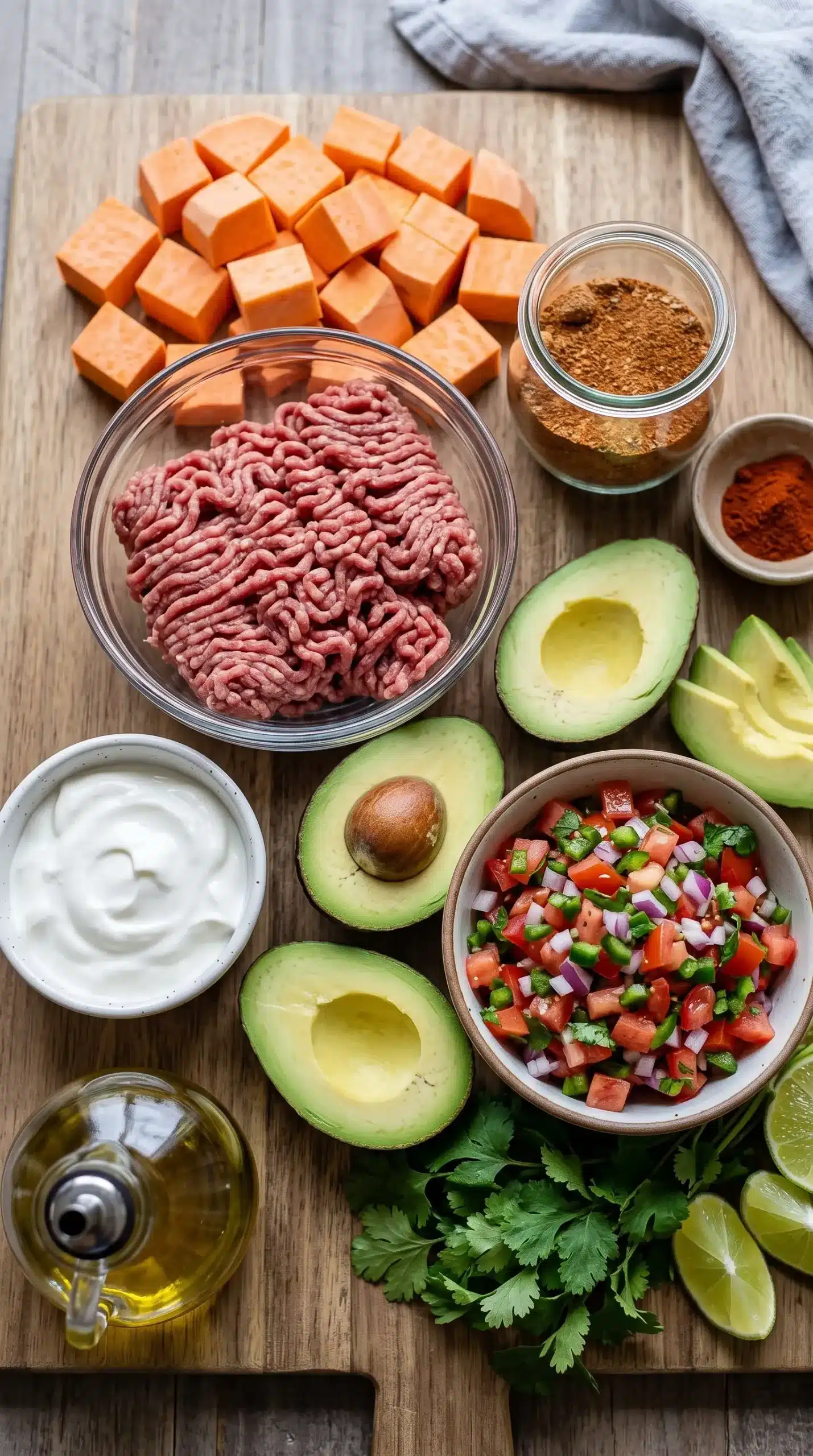 Ingredients for a sweet potato taco bowl with sweet potatoes, beef, avocado, pico de gallo, and sour cream
