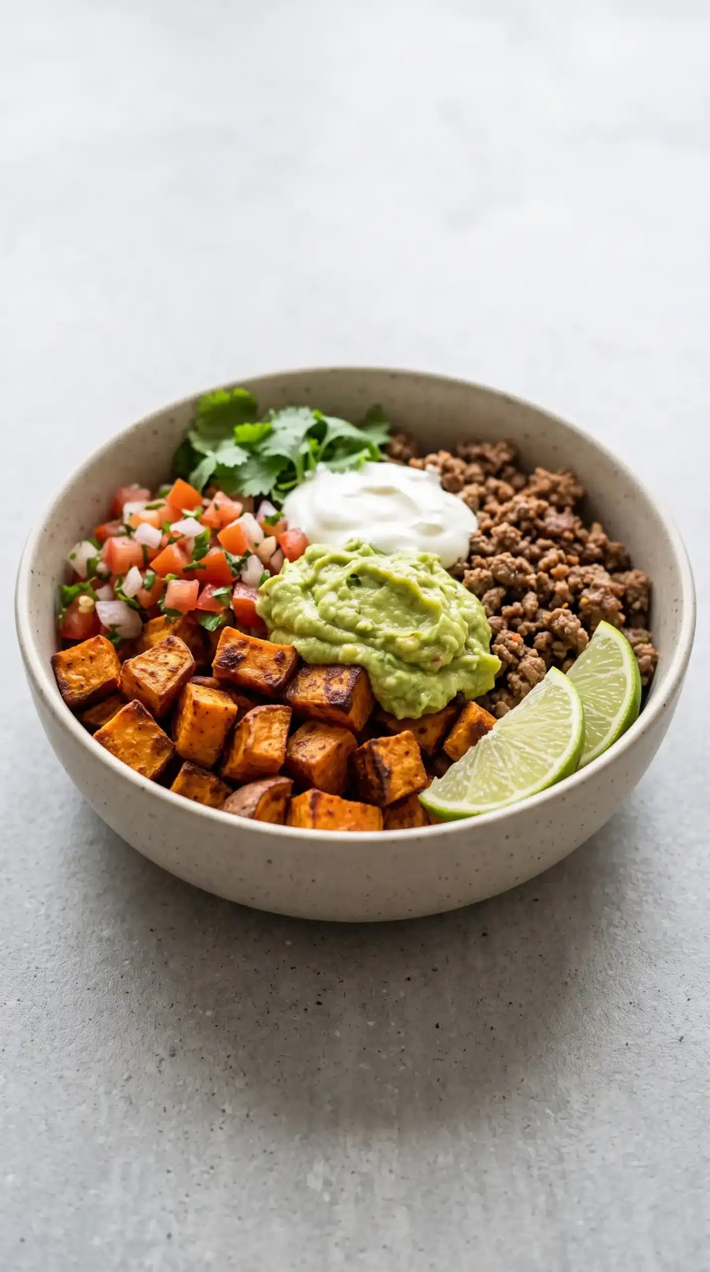 Finished sweet potato taco bowl with roasted sweet potatoes, taco beef, guacamole, and fresh toppings
