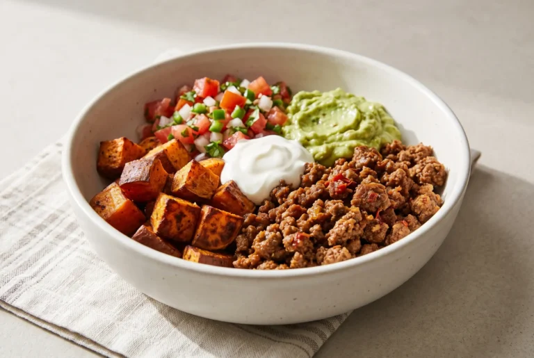 Sweet potato taco bowl with roasted sweet potatoes, taco beef, guacamole, pico de gallo, and sour cream