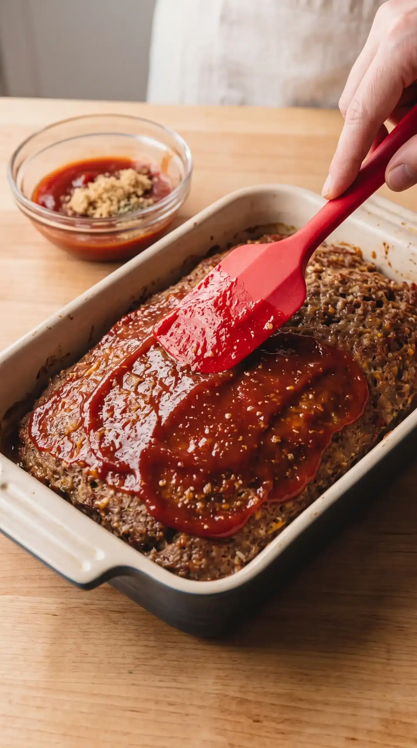 Sweet tangy glaze being spread over a baked meatloaf loaf