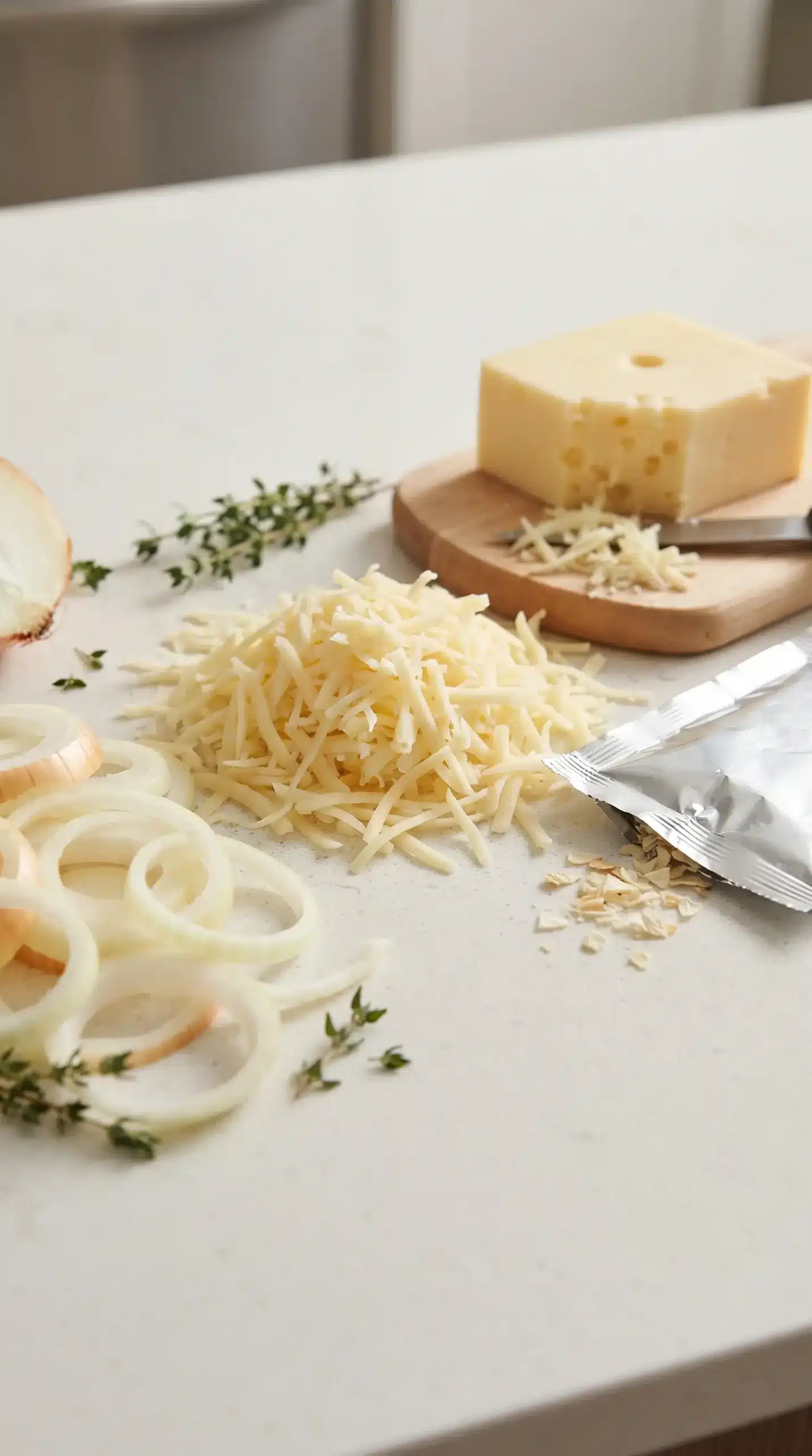 Swiss cheese, shredded cheese, onions, and onion soup mix for meatloaf preparation