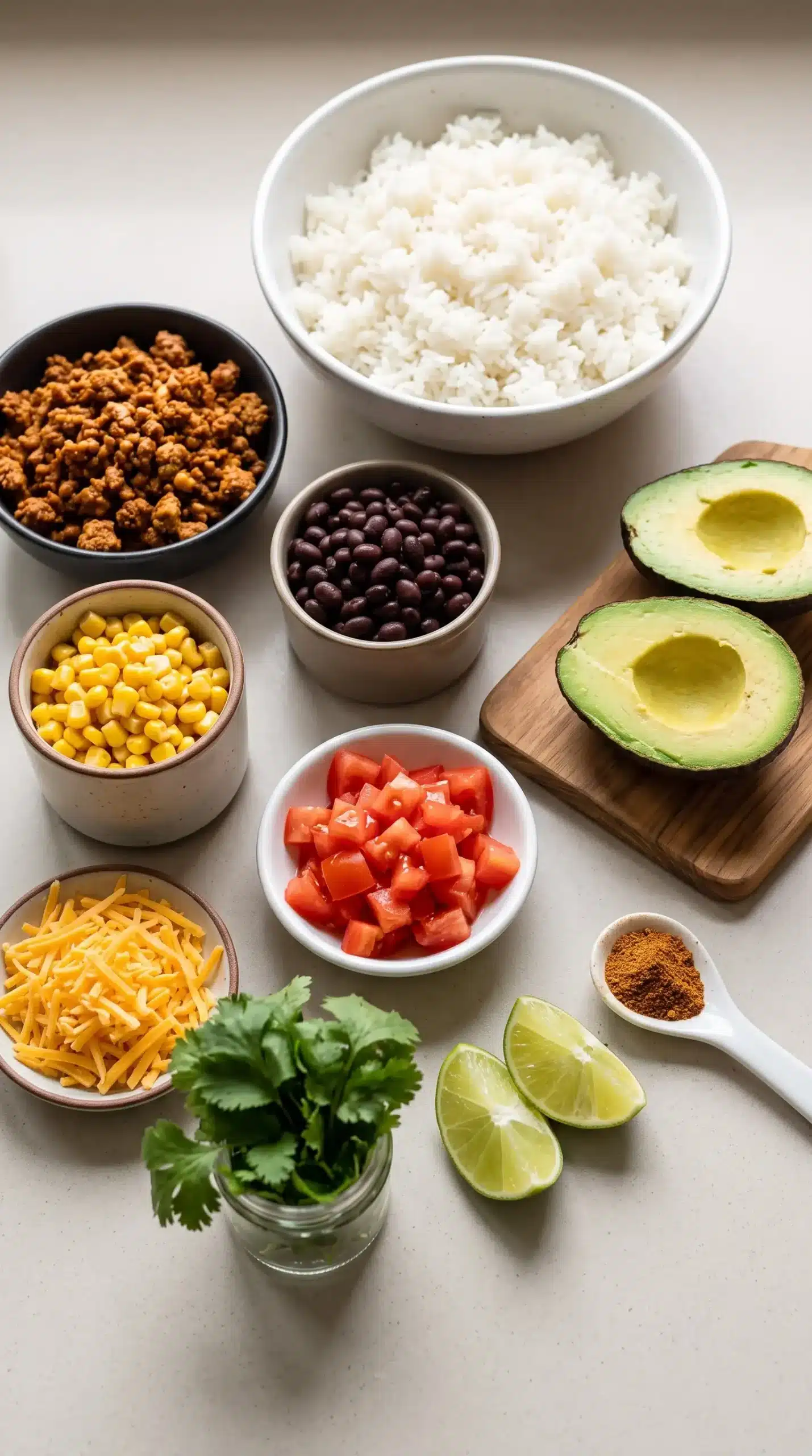 Ingredients for a Taco Rice Bowl including rice, black beans, avocado, corn, tomatoes, and cheese