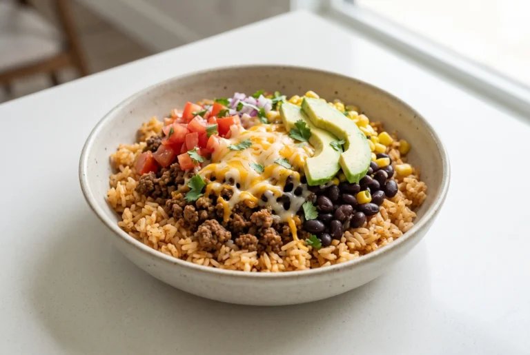 Taco Rice Bowl with seasoned rice, black beans, avocado, tomatoes, corn, and cheese