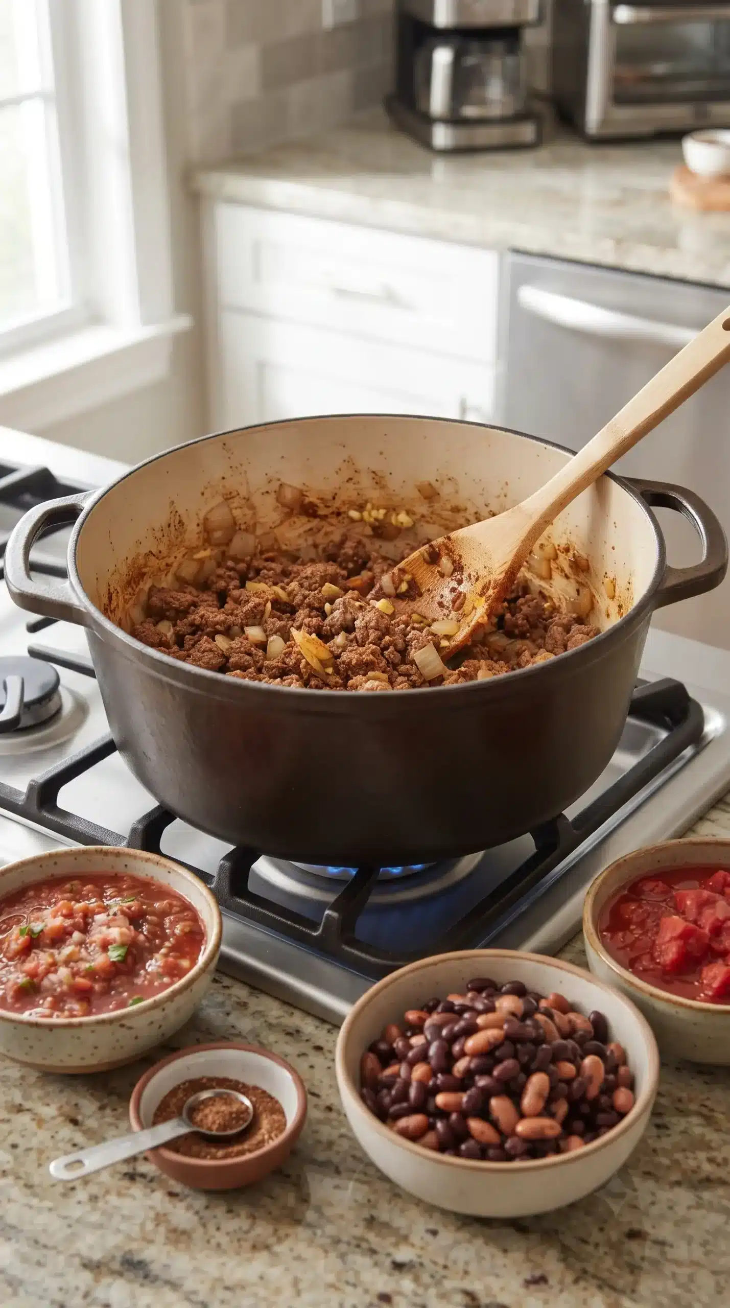 Ground beef, onion, and garlic cooking in a pot to build taco soup flavor