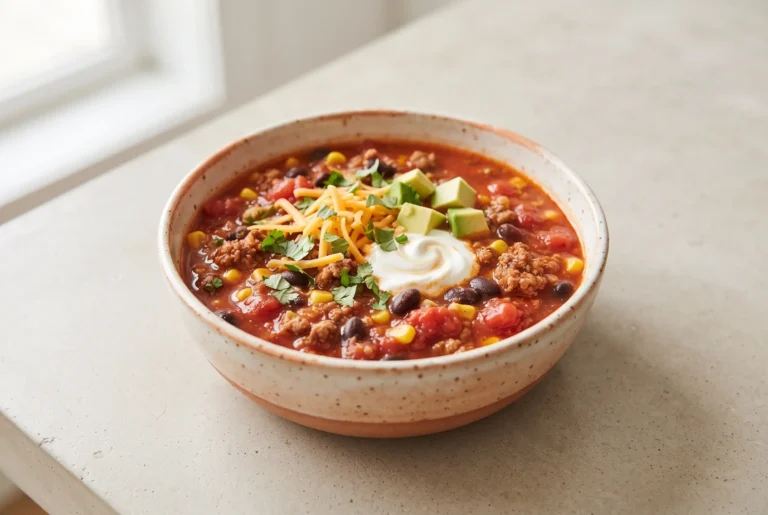 Hearty taco soup recipe with beans, corn, meat, salsa, cheese, cilantro, and avocado in a bowl