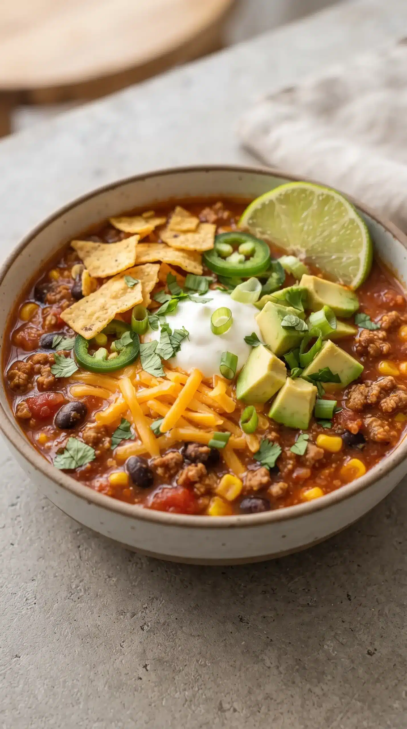 Finished taco soup bowl topped with cheese, sour cream, avocado, cilantro, and tortilla chips