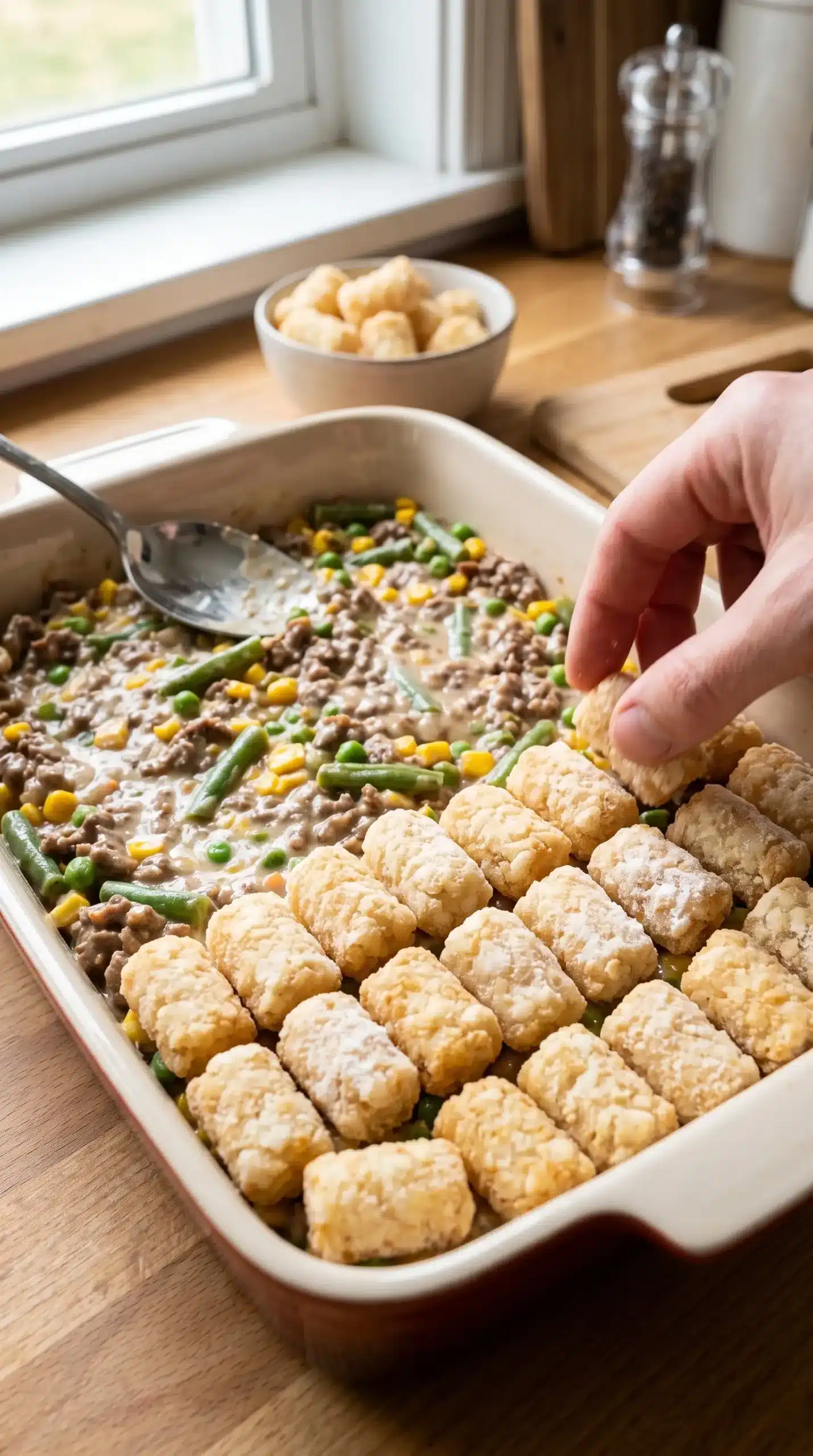 Creamy beef filling layered with frozen tater tots in a baking dish before cooking