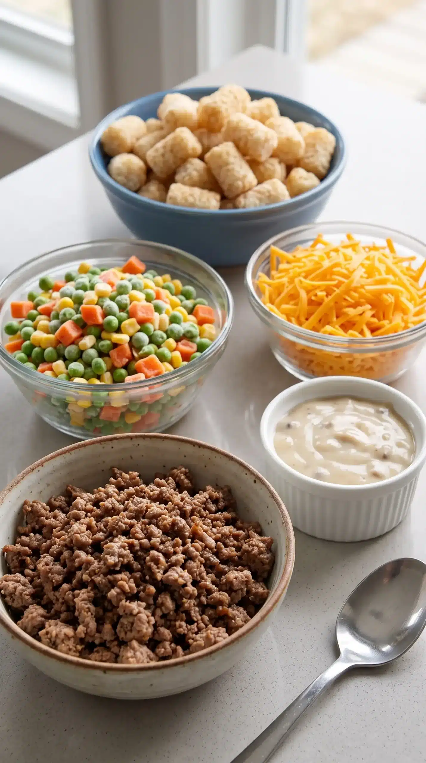 Ingredients for tater tot casserole with ground beef, creamy soup, vegetables, cheddar, and frozen tots