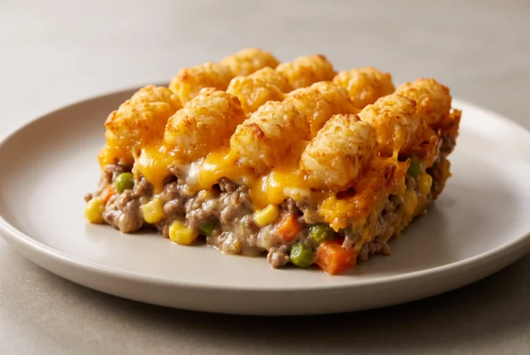 Tater tot casserole with creamy beef, cheddar cheese, and a golden crispy potato topping