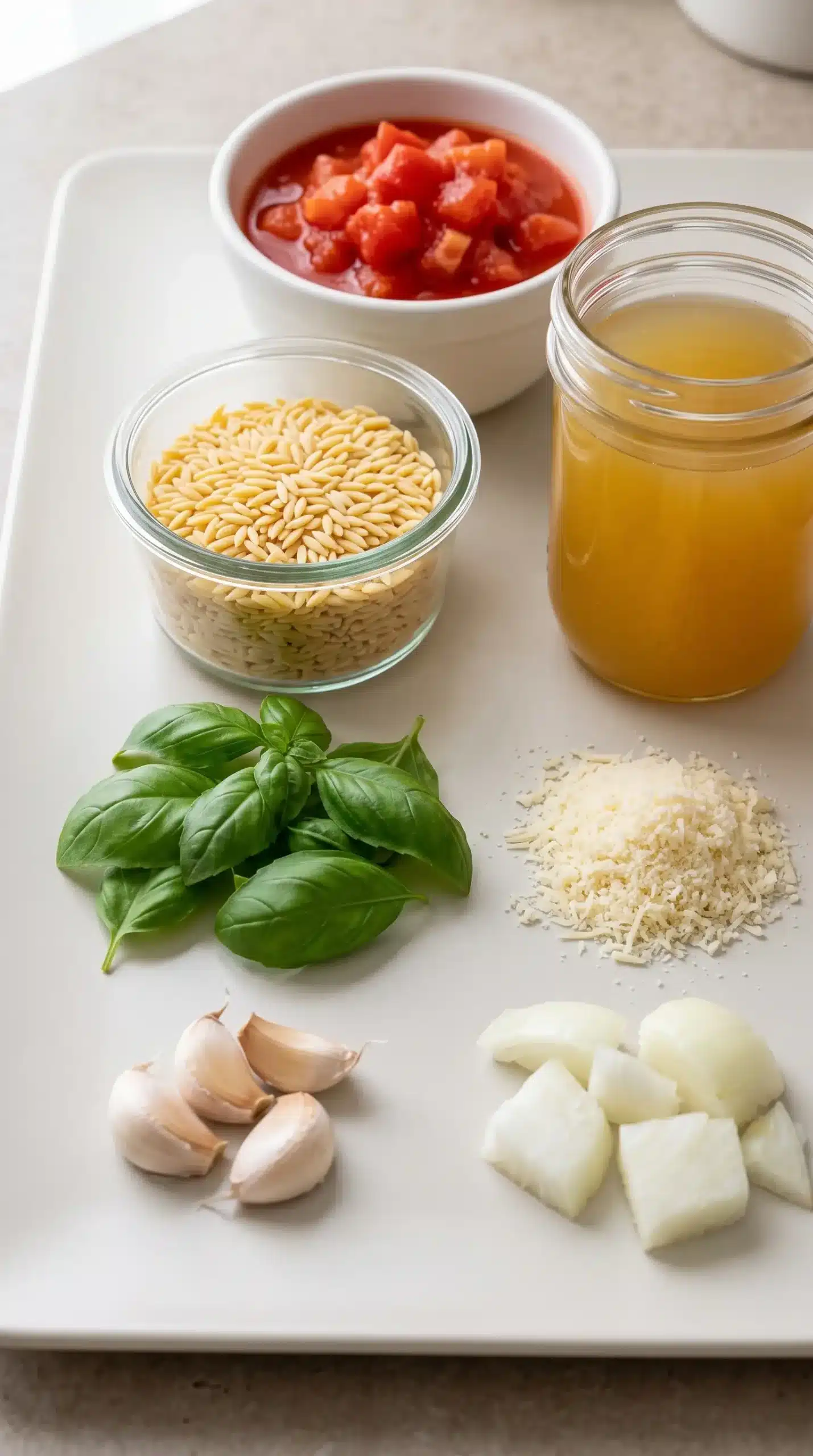 Ingredients for tomato orzo soup including tomatoes, orzo, broth, basil, garlic, and Parmesan