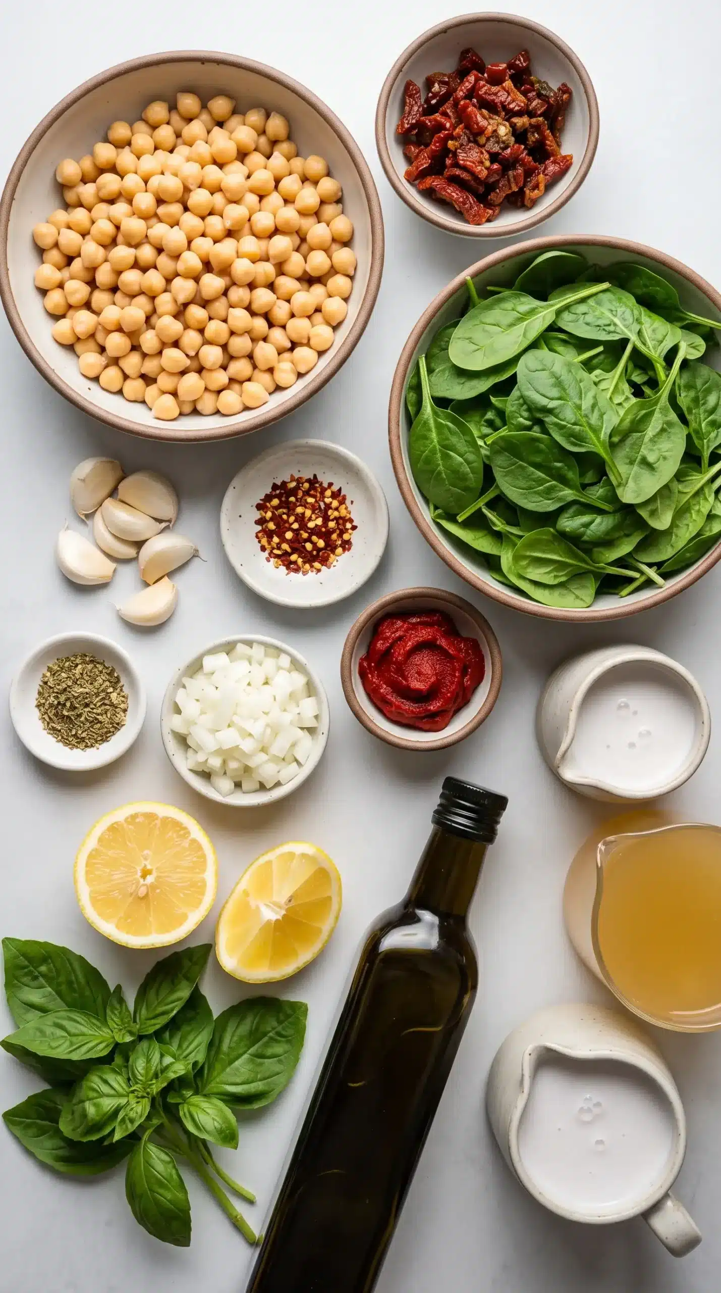 Ingredients for Tuscan garbanzo bean soup with chickpeas, spinach, sun-dried tomatoes, and herbs