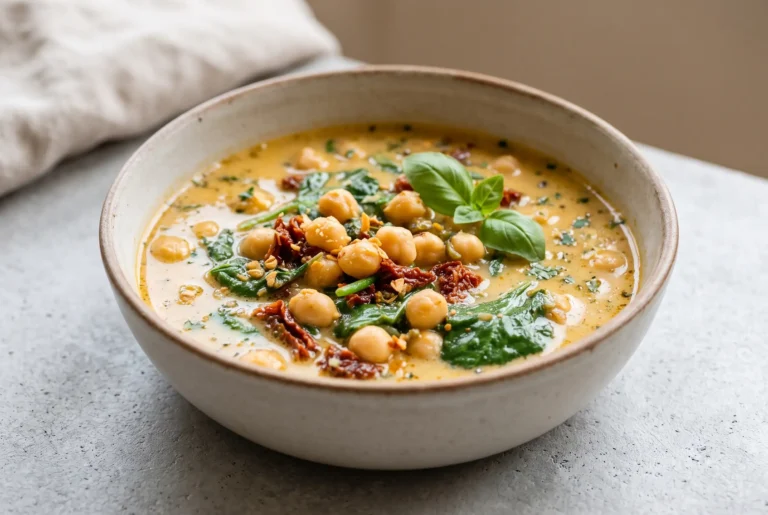 Tuscan Garbanzo Bean Soup with creamy chickpeas, spinach, sun-dried tomatoes, and basil