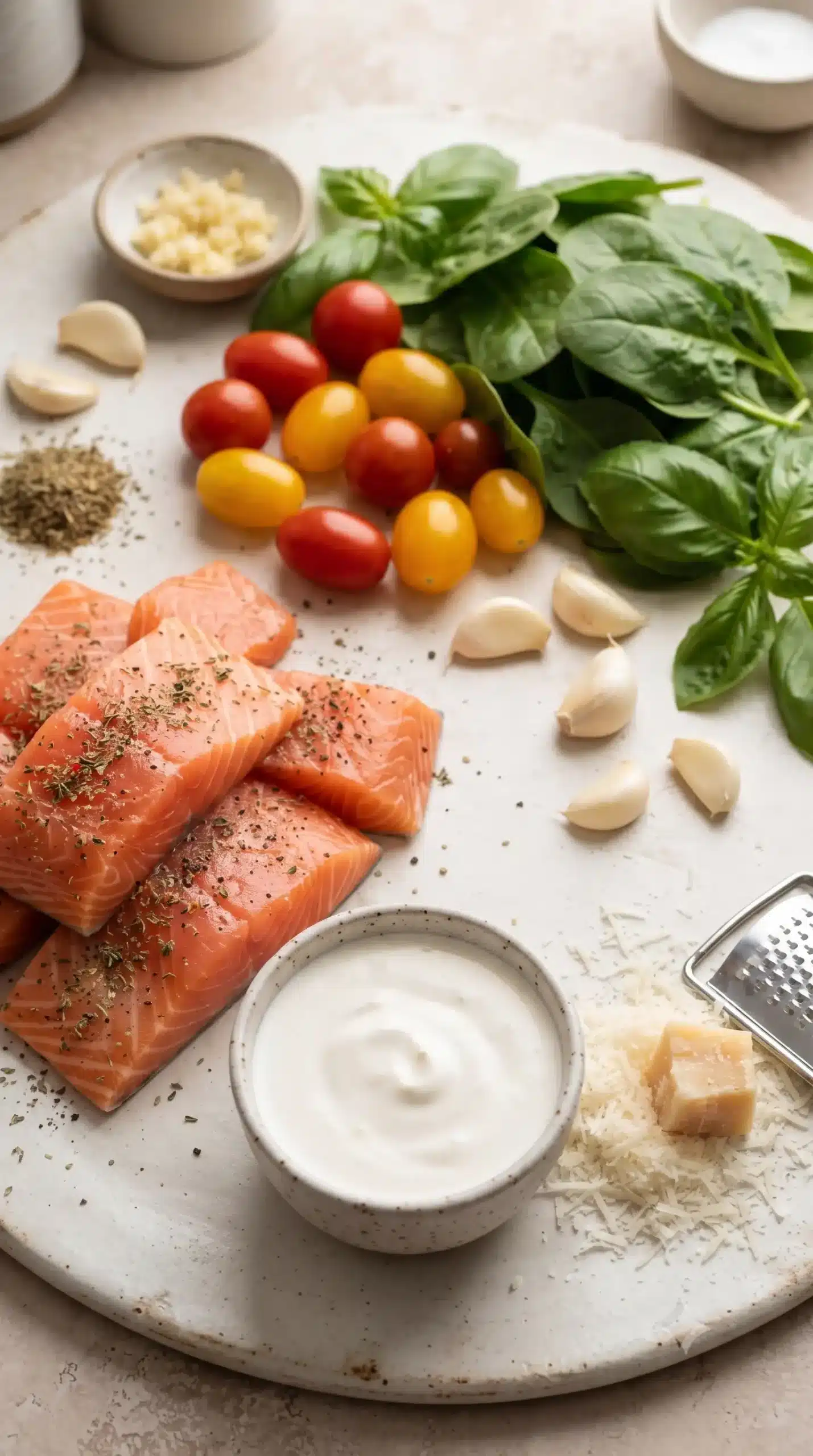 Ingredients for creamy Tuscan salmon including salmon, cream, Parmesan, garlic, spinach, and tomatoes