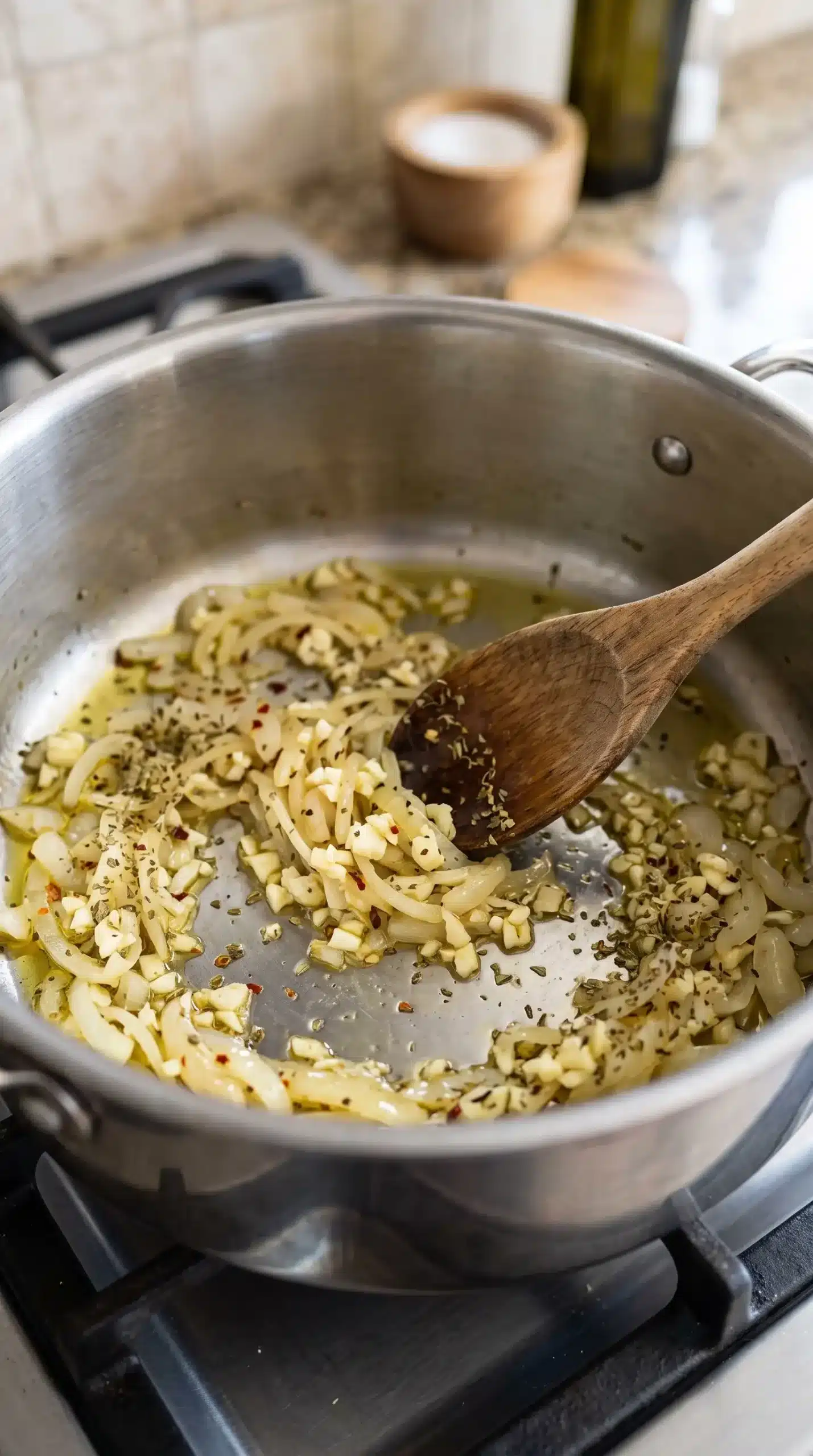 Onions, garlic, oregano, and red pepper flakes cooking in olive oil for soup