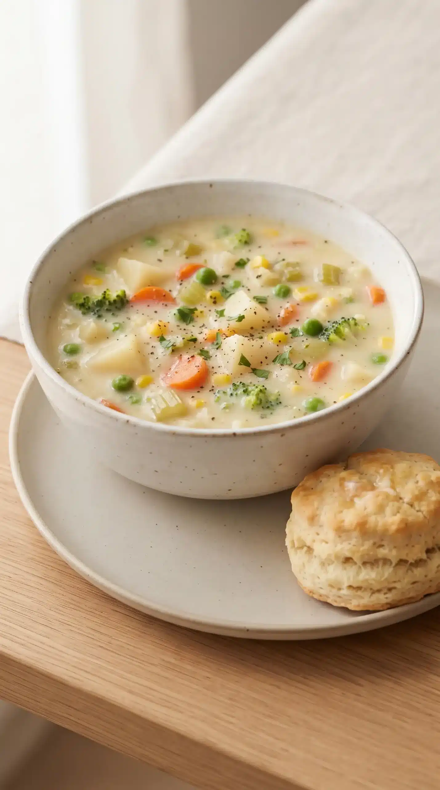 Veggie pot pie soup served with a warm biscuit beside a bowl of creamy vegetable broth