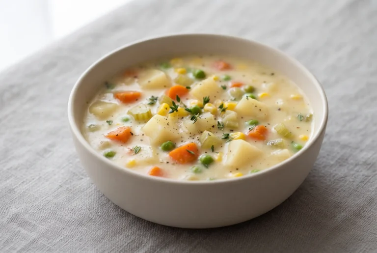 Veggie pot pie soup with creamy vegetable broth, potatoes, carrots, peas, celery, and corn in a bowl