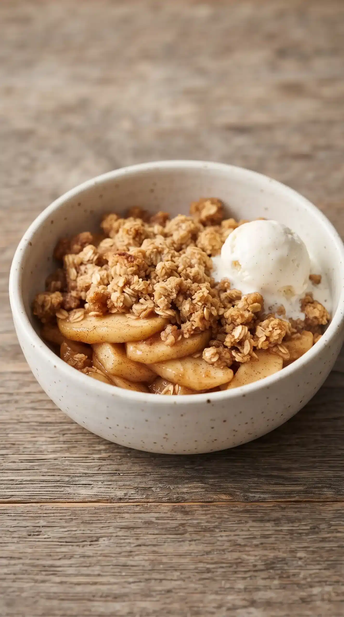 Warm apple crisp serving with cinnamon apples, oat topping, and vanilla ice cream